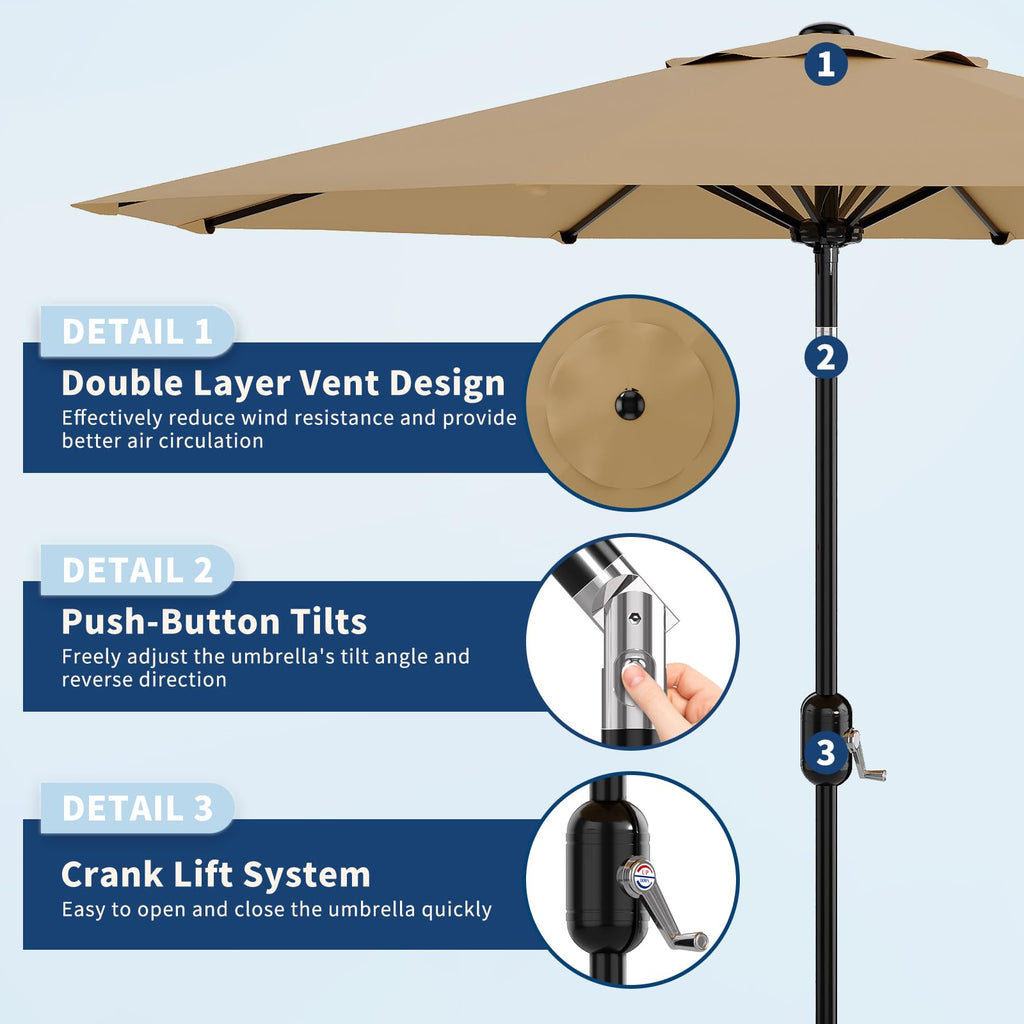 Garvee 10' Patio Umbrella with Crank Lift & Push Button Tilt – 8 Sturdy Ribs Table Umbrella for Yard, Deck, Pool, Outdoor Patio, Tan