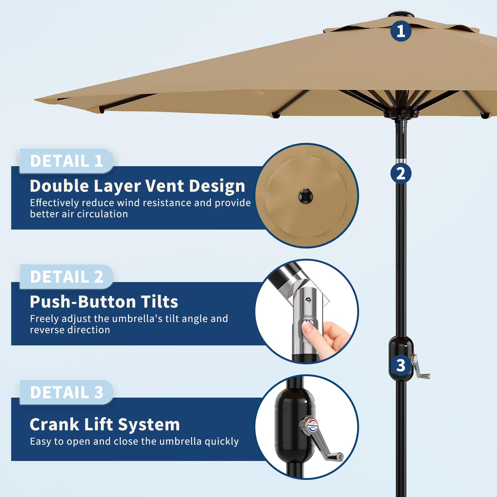 Garvee 10' Patio Umbrella with Crank Lift & Push Button Tilt – 8 Sturdy Ribs Table Umbrella for Yard, Deck, Pool, Outdoor Patio, Tan