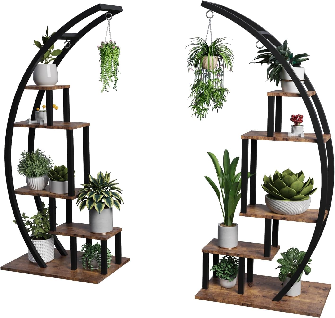 Garvee 5-Tier Half Moon Indoor Plant Stand - Metal Flower Shelf with Hanging Hooks for Indoor Gardening & Home Decor