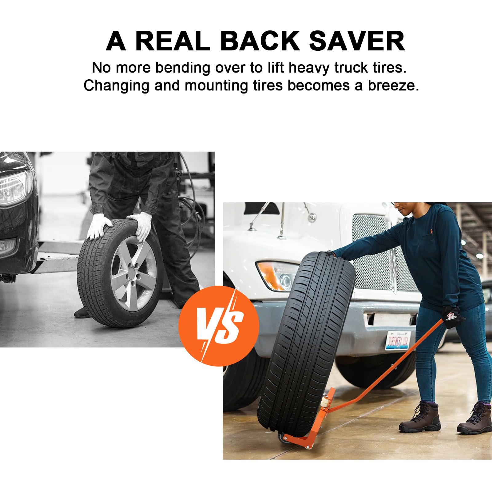 Garvee Tire Wheel Dolly, 330 LBS Adjustable Rolling Truck Tire Cart with 9.6in Rollers, 360° Rotation, Fits 6.5-24.5in Wide Tires for Workshop Garage, Orange