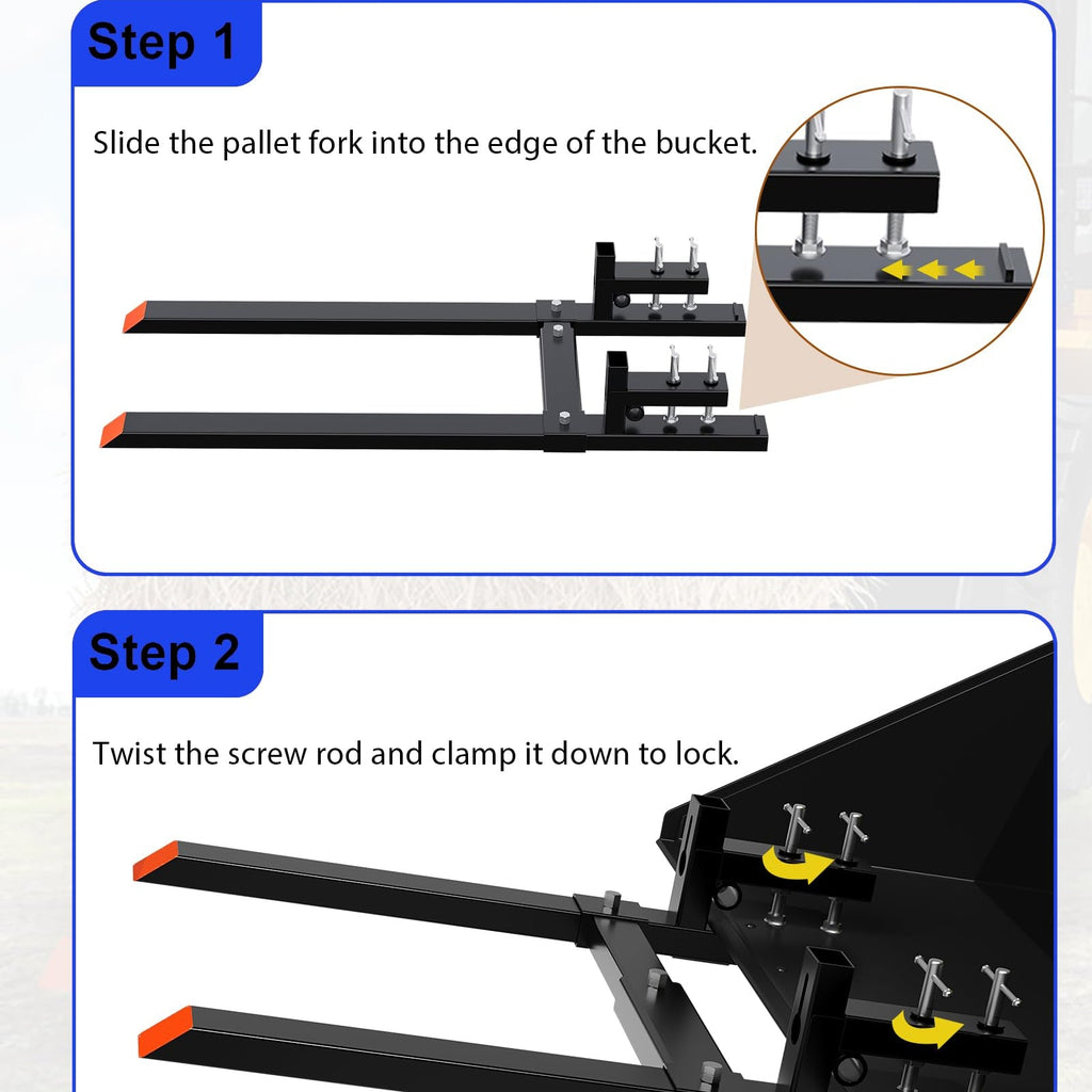 Garvee 77” 6000lbs Clamp on Pallet Forks, Heavy Duty Clamp on Pallet Forks with Adjustable Stabilizer Bar, Quick Attach Tractor Forks for Tractor Bucket, Skid steer, Loader Bucket