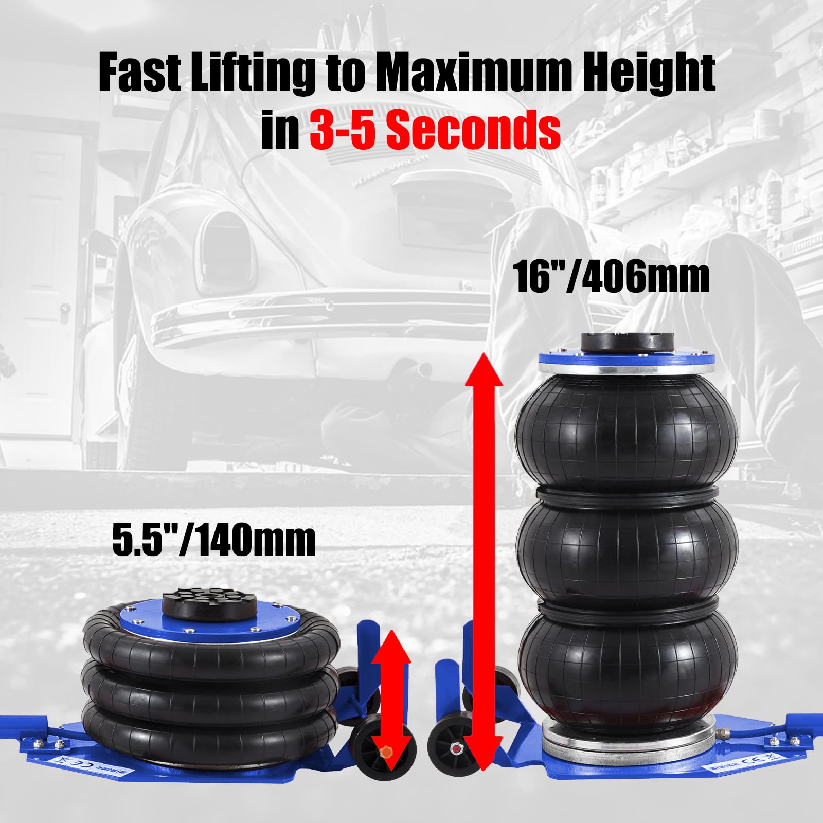 Garvee Air Bag Jack, 5 Ton/11000 lbs Triple Bag Air Jack, Portable Air Bag Jack Lift up to 17.7 inch/450 mm, Pneumatic Jack With Adjustable Long Handles, Airbag Jack For Cars Home Garage Repair, Blue