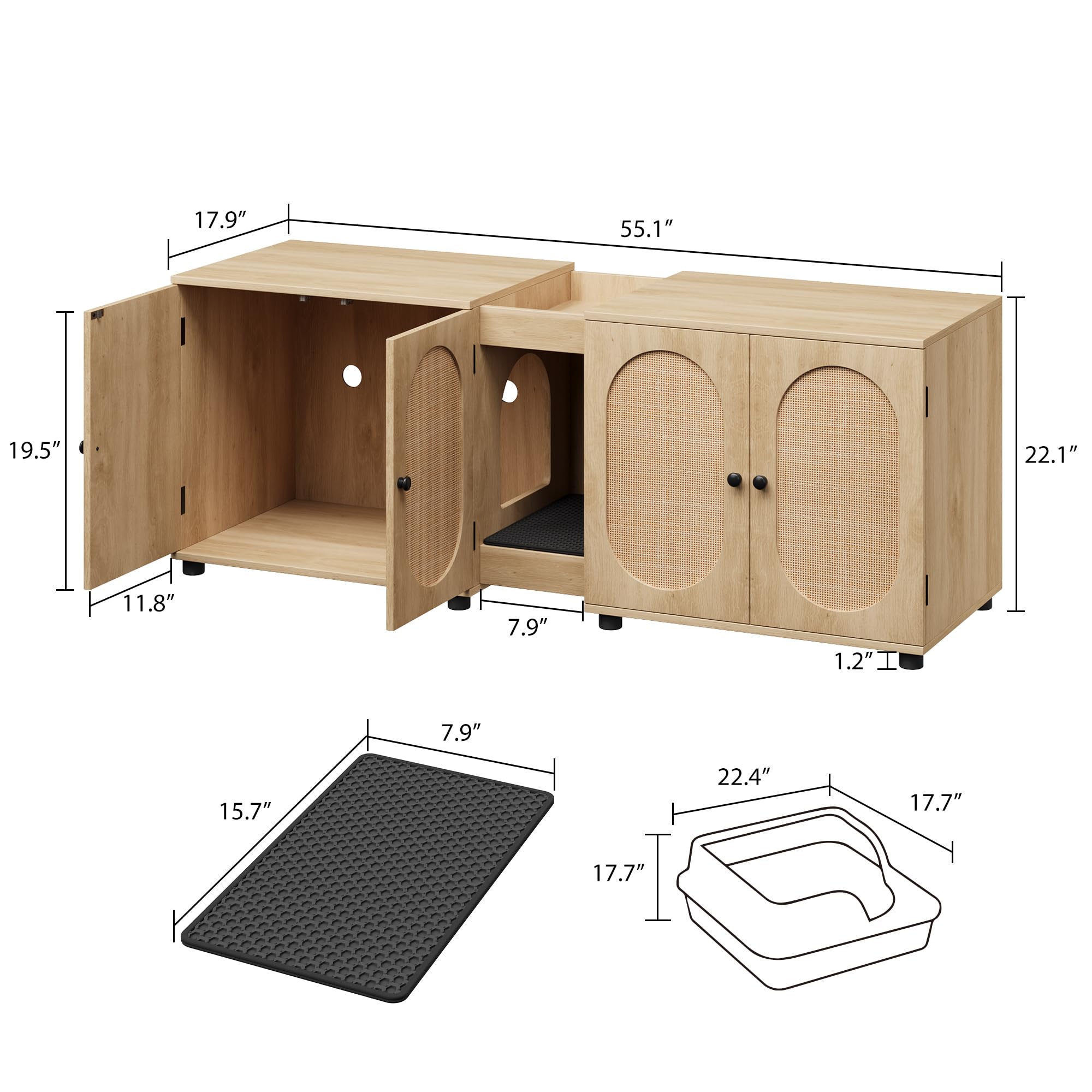 Garvee Cat Litter Box Enclosure 55.1" Double Litter Box Furniture Large Cat Box Enclosure Kitty Litter Box for 2 Cats Hidden Cat Litter Cabinet Double Cage with Cat Litter pad Rattan Door
