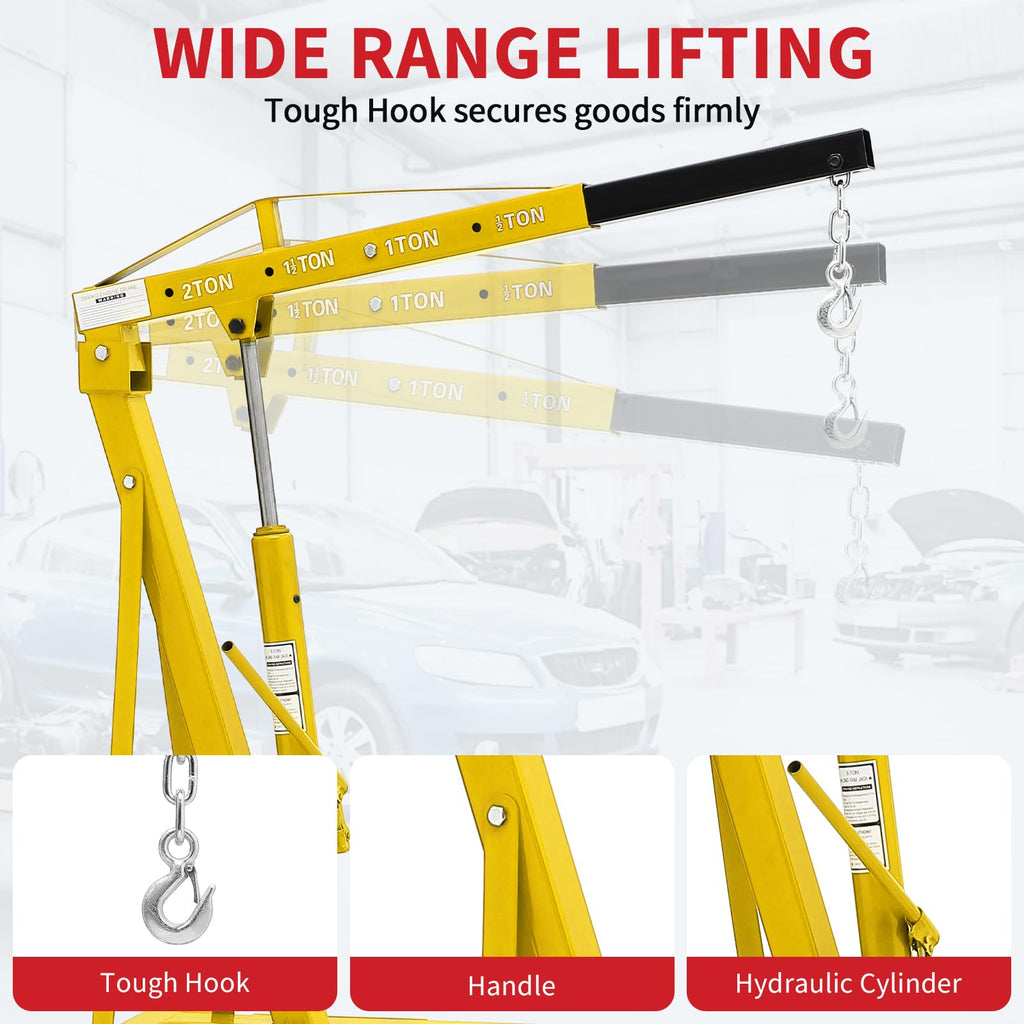 Garvee 2-Ton Folding Engine Hoist - 4400 lbs Capacity Cherry Picker Hydraulic Shop Crane with Telescoping Boom, 6 Caster Wheels, Hitch, and Storage Stand for Automotive Repair and Garage Use, Yellow