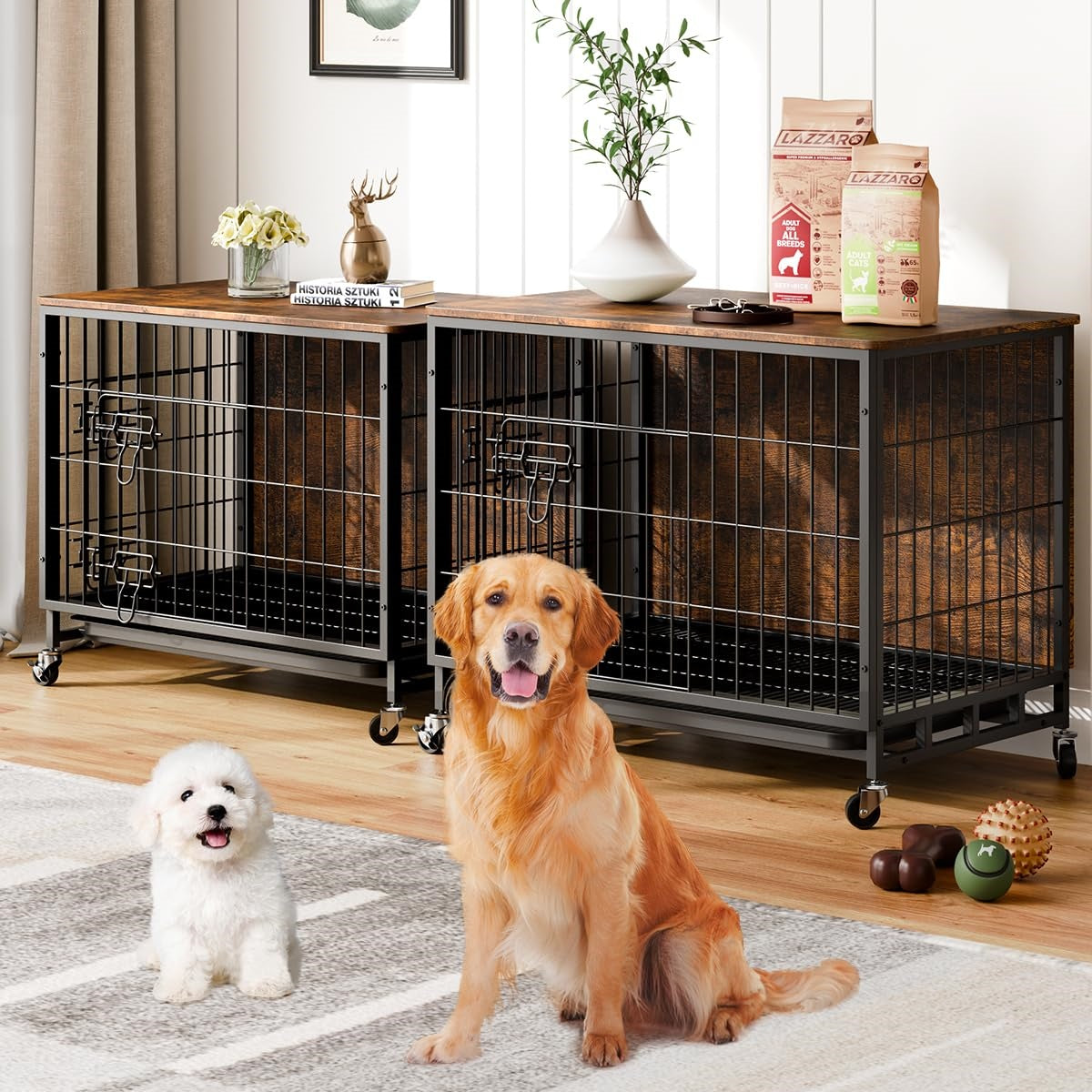 Garvee Dog Crate Furniture, Furniture Style Dog Crate with Removable Tray and Wheels, Heavy-Duty Double-Doors Dog Cage End Table, 27.2" Wooden Dog Kennel, Indoor Dog House, Brown
