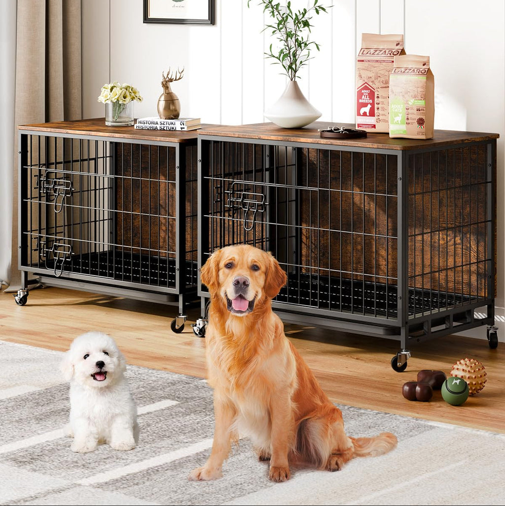Garvee Furniture-Style Dog Crate – Deluxe Wooden Dog Kennel with Removable Tray and Wheels, Heavy-Duty Double-Doors 32.5" Dog Cage End Table, Indoor Dog House for Large Dogs, Brown