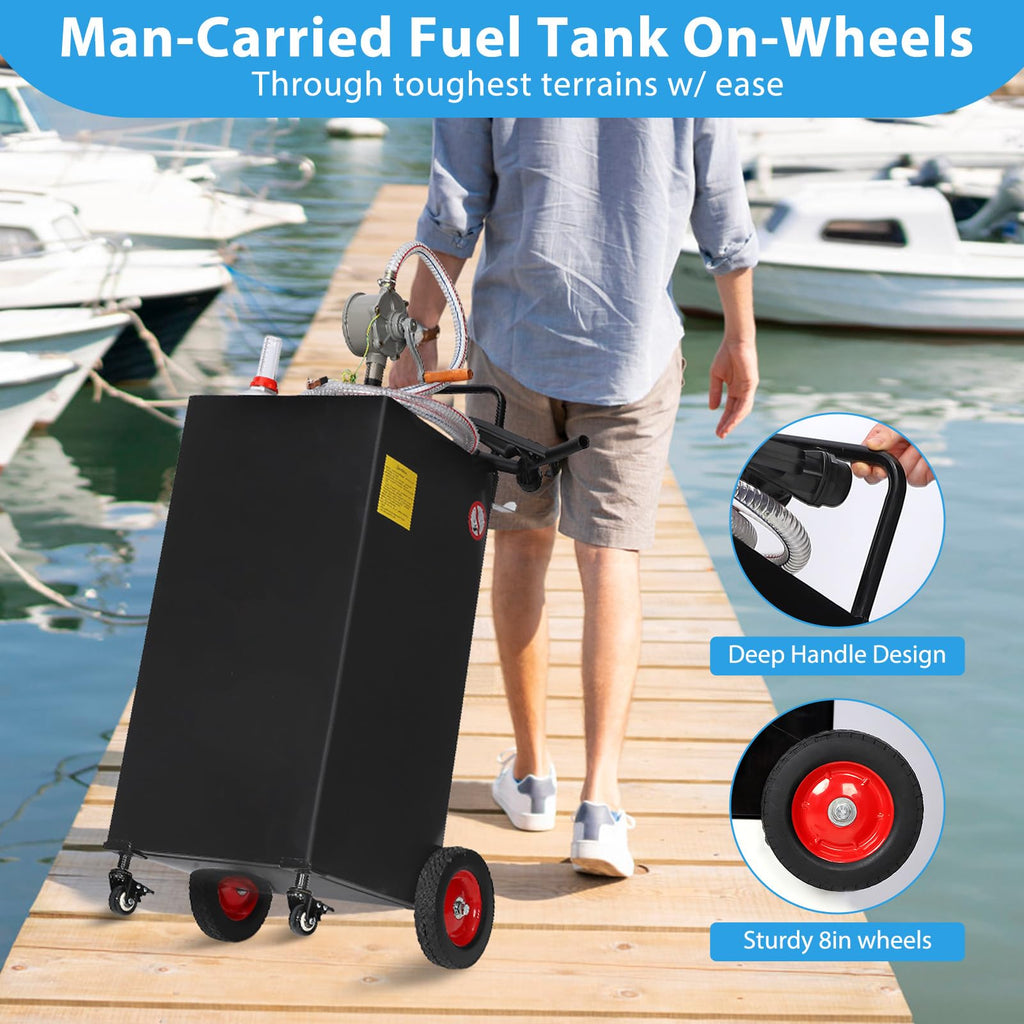 Garvee 30 Gallon Fuel Caddy With Manual Transfer Pump Heavy-Duty Stainless Steel 4-Wheel Mobile Design For Gasoline Diesel