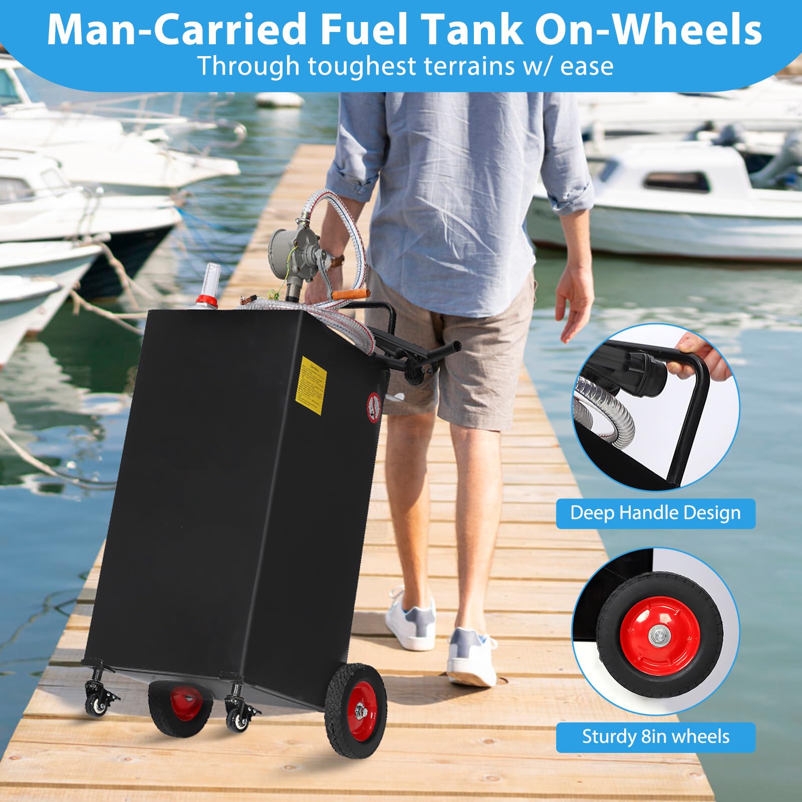 Garvee 30 Gallon Fuel Caddy With Manual Transfer Pump Heavy-Duty Stainless Steel 4-Wheel Mobile Design For Gasoline Diesel