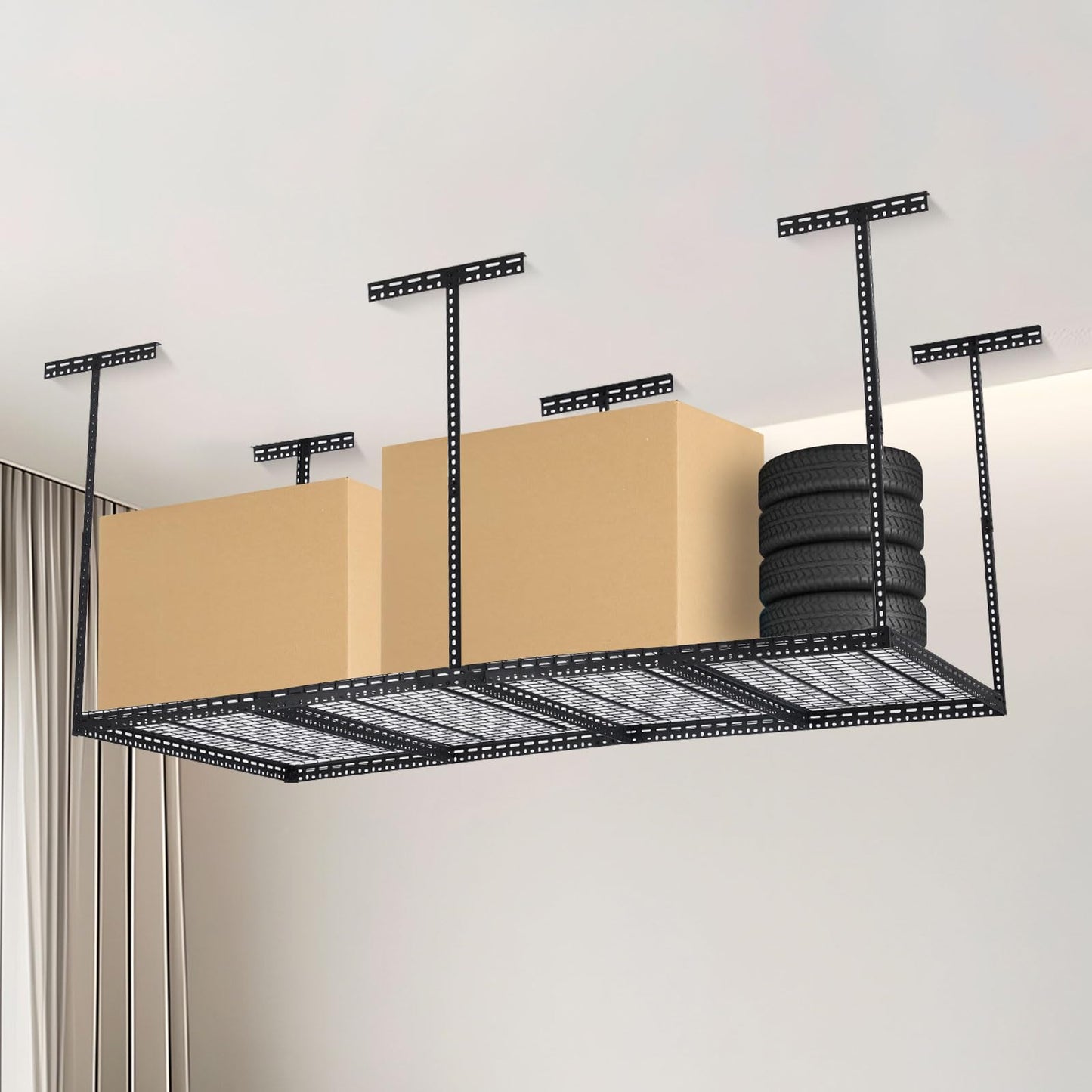 Garvee 4x8 FT Overhead Garage Storage Rack, 22"-40" Height Adjustable Ceiling Storage Rack 660lbs Weight Capacity, Heavy Duty Metal Hanging Storage Shelves for Garage (Black, Vertical Post x 6)