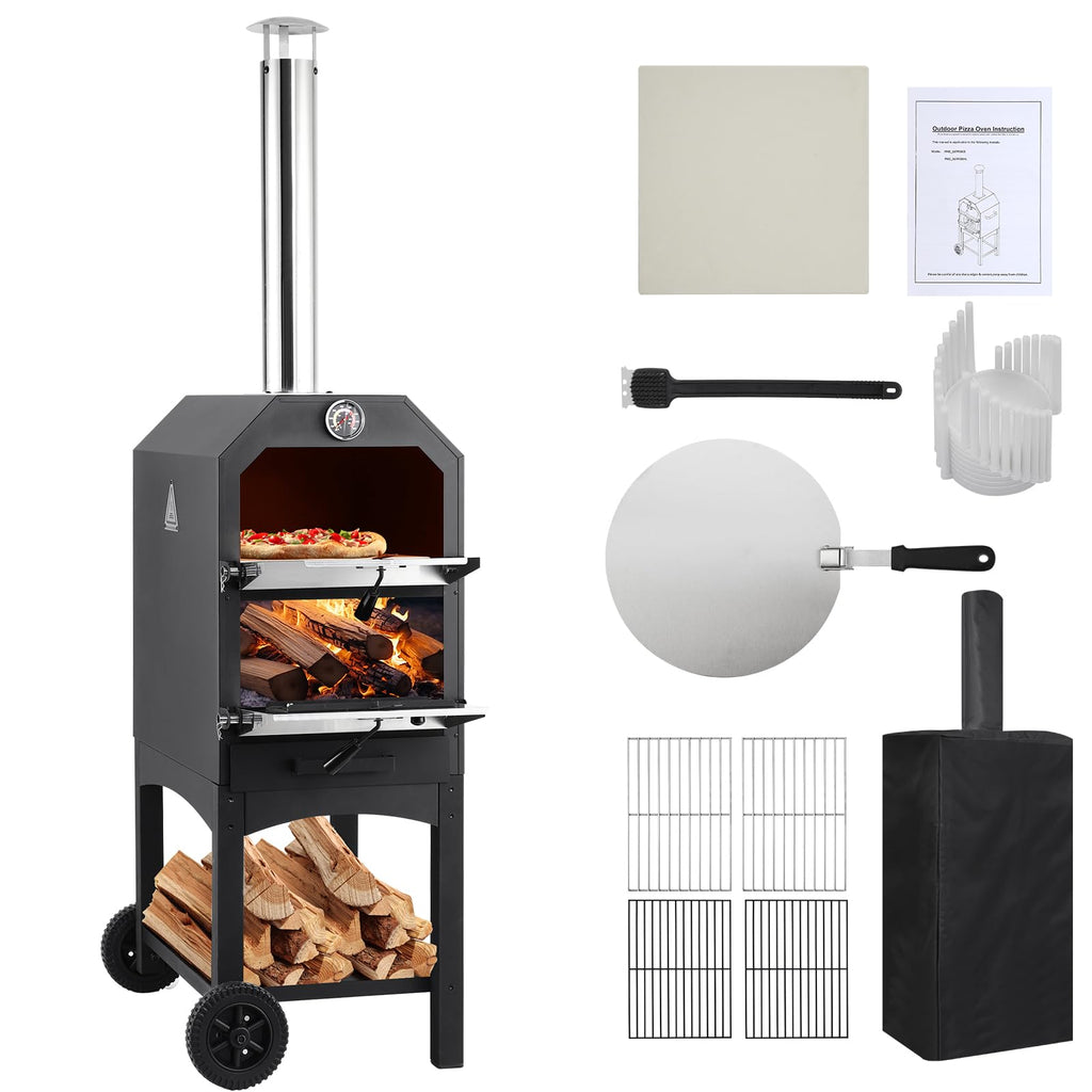 Garvee Wood-Fired Outdoor Pizza Oven, Portable with Pizza Stone, Peel, Grill Rack, Wheels, and Waterproof Cover for Backyard, Patio, and Camping