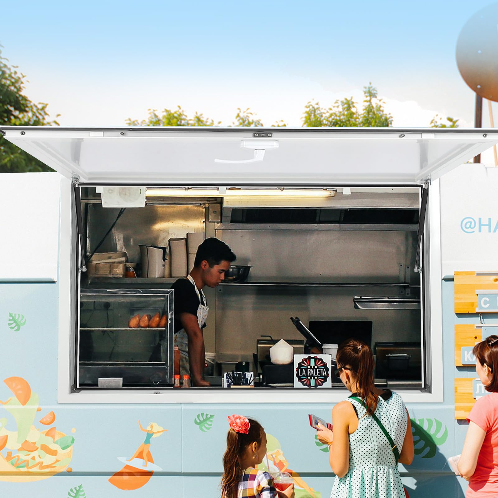 Garvee Concession Window with Awning, 53"W x 33"H, Double-Point Fork Lock, Aluminum Frame, Hydraulic Lift Struts, Food Truck/Trailer