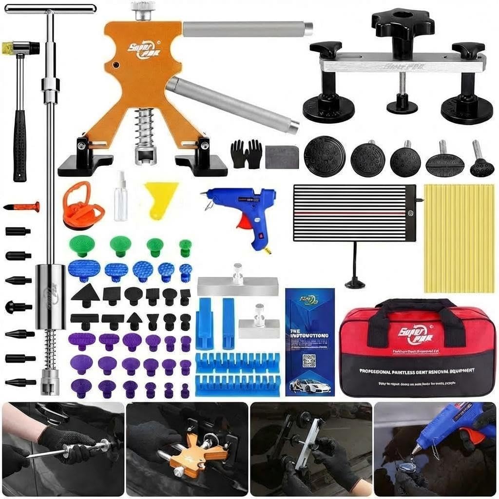 Garvee Auto Body Dent Repair Kit With Lifter, Bridge Puller, Rubber Hammer, T-Bar, Suction Cup For Auto Body Dent Removal, Durable Alloy Material, Paint-Friendly Design