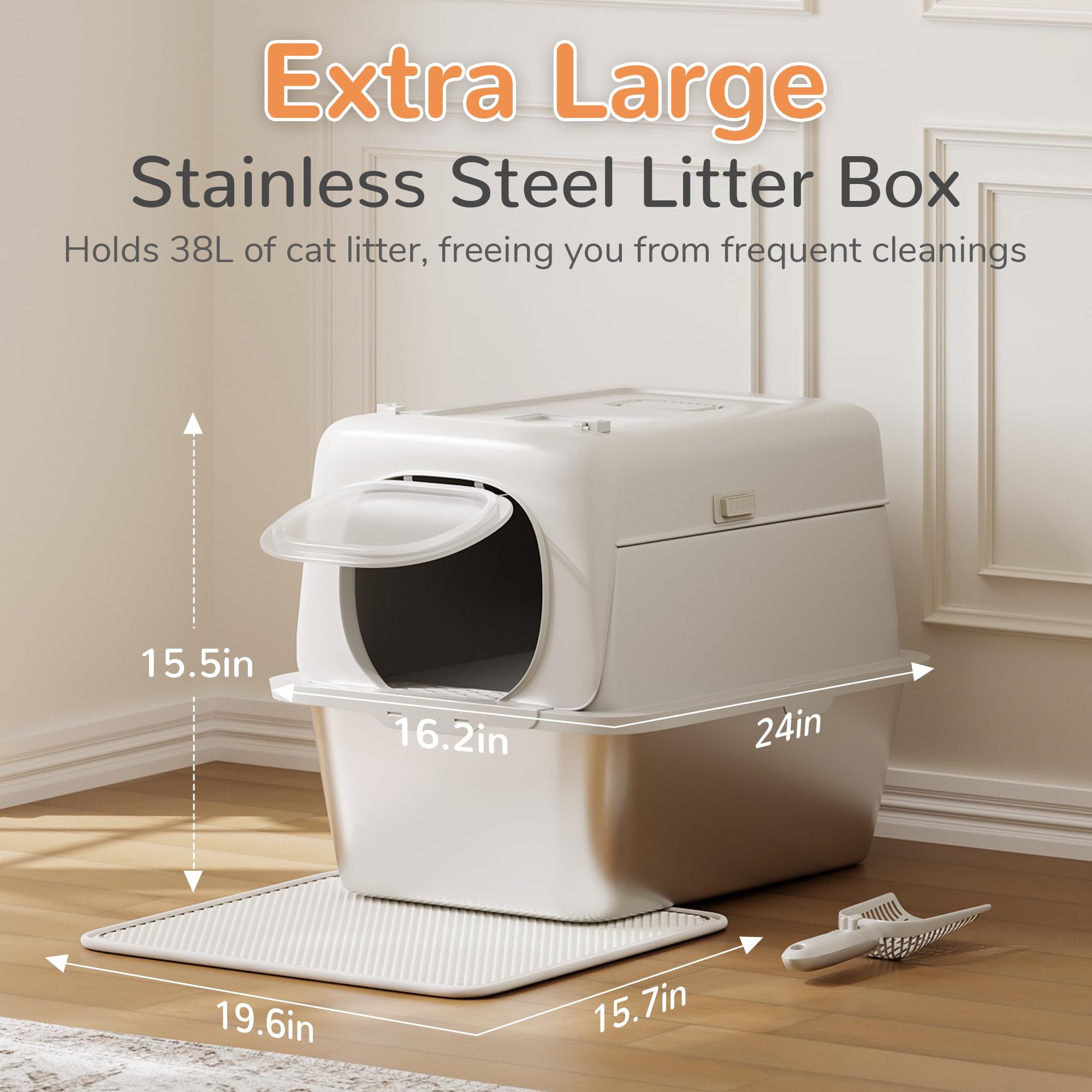 Garvee Stainless Steel Litter Box with Lid Large Enclosed Cat Box for Big Cats Metal High Sided Enclosure Scoop Litter Mat Odor Free