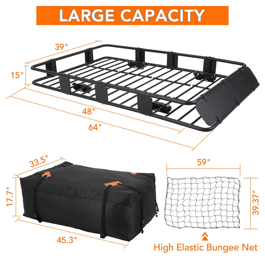 Garvee Rooftop Cargo Basket - 64" x 39" Steel Universal Roof Rack with Adjustable Size (48" x 39"), Includes Cargo Carrier Bag and Accessories, 200 lbs Capacity for SUVs, Trucks, and Vehicles