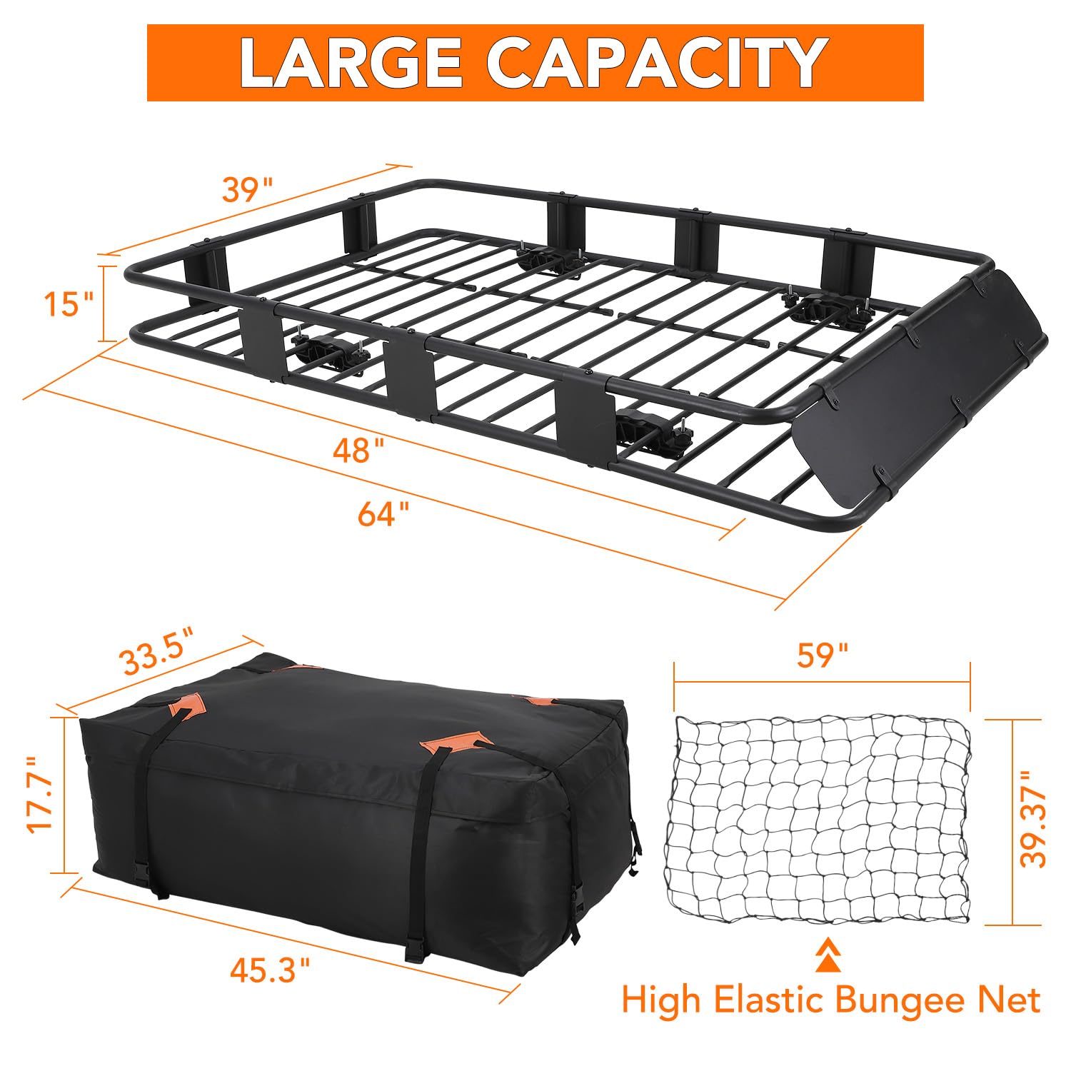 Garvee Rooftop Cargo Basket - 64" x 39" Steel Universal Roof Rack with Adjustable Size (48" x 39"), Includes Cargo Carrier Bag and Accessories, 200 lbs Capacity for SUVs, Trucks, and Vehicles