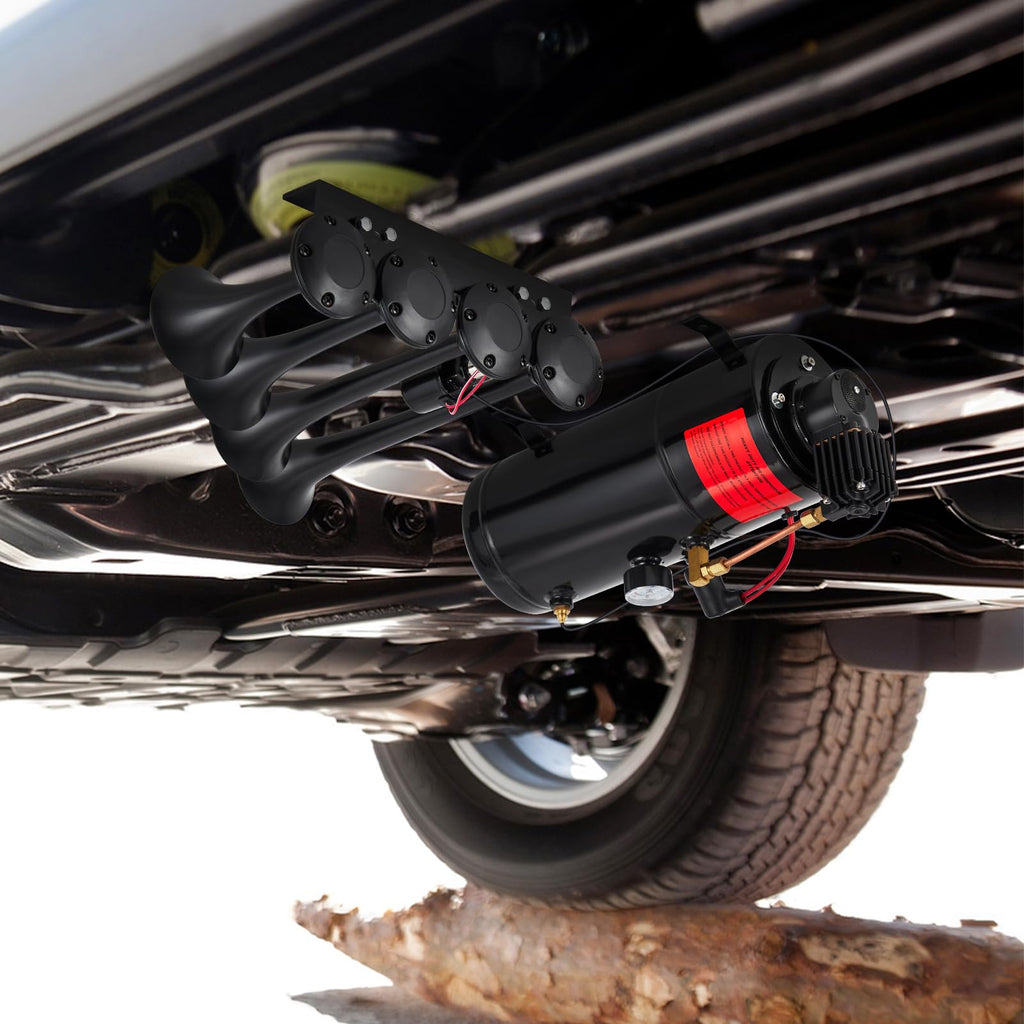 Garvee 4 Trumpets Train Horns Kit, 150 DB Truck Air Horn Kit with 0.8 Gallon Tank & 150 PSI Air Compressor, 12V Train Horns for Pickup Trucks, Car, Motorcycle, Semi, Jeep, RV, SUV, Van, Boats