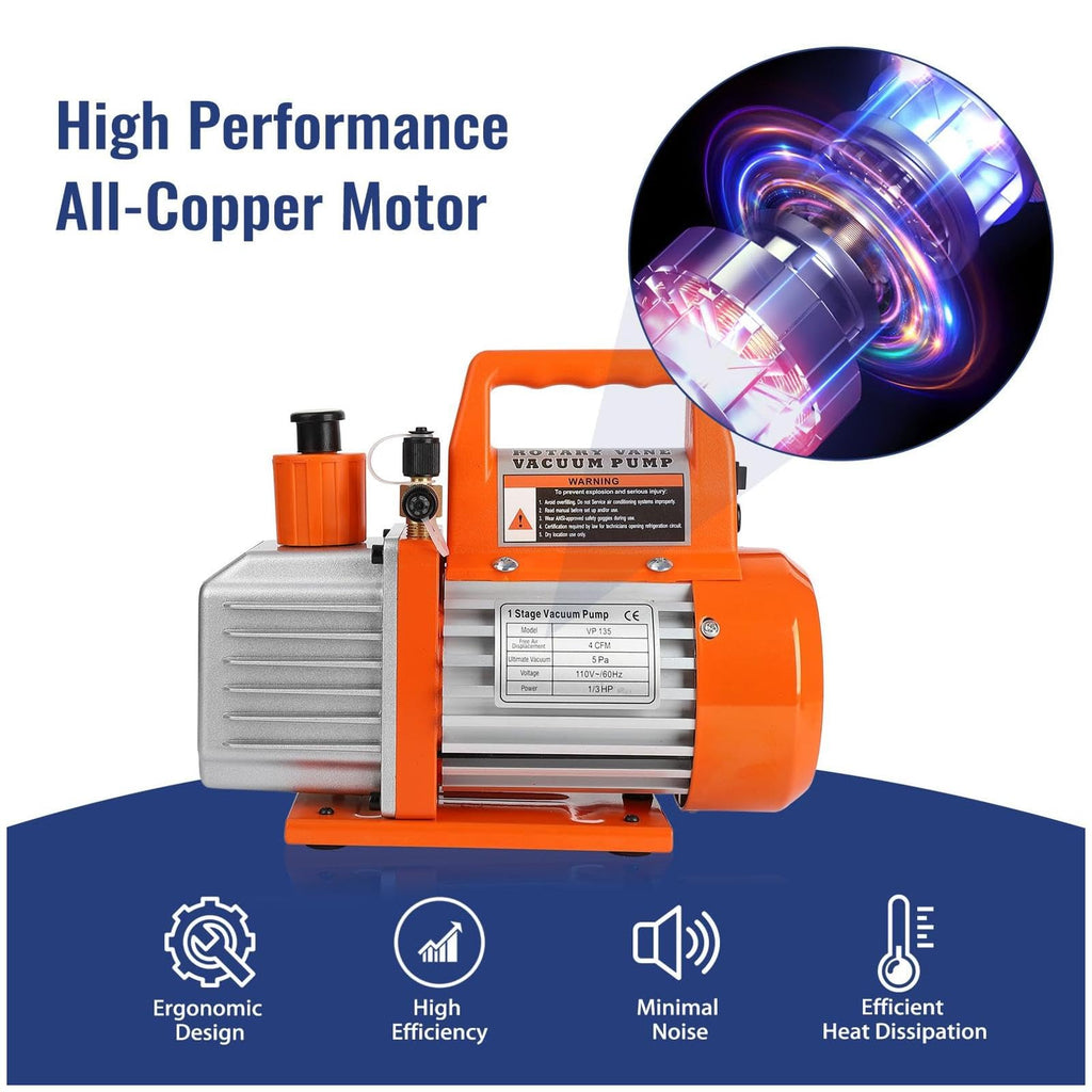Garvee 110V 1/4 HP 3.5CFM Rotary Vane Vacuum Pump + Manifold Gauge Set + Aluminum Alloy + Brass Fittings + HVAC Refrigeration Recharging + Carry Bag Without Leak Detector