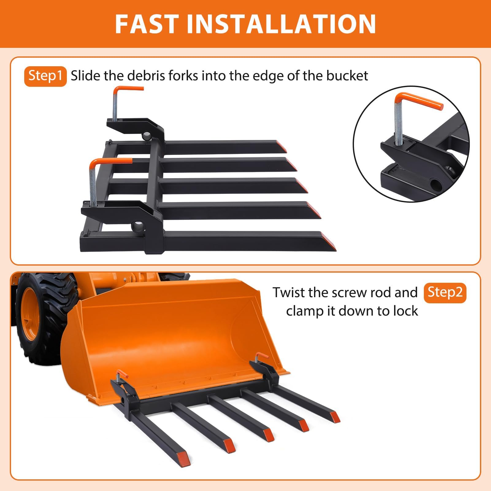 Garvee 68" Clamp-On Debris & Pallet Forks – 6000-LB Heavy-Duty Attachment for Loader Bucket, Skid Steer & Tractors