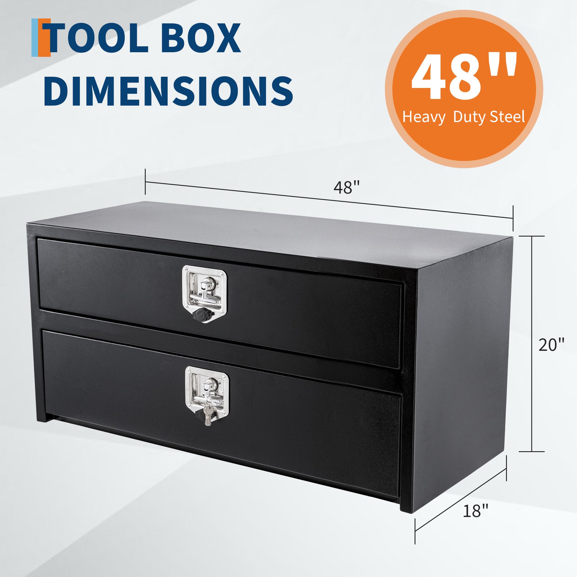 Garvee 48"x18"x20" Black Steel Truck Tool Box with Drawer, Two-Tier Organizer for Truck Bed, Waterproof, Secure Lock, Black
