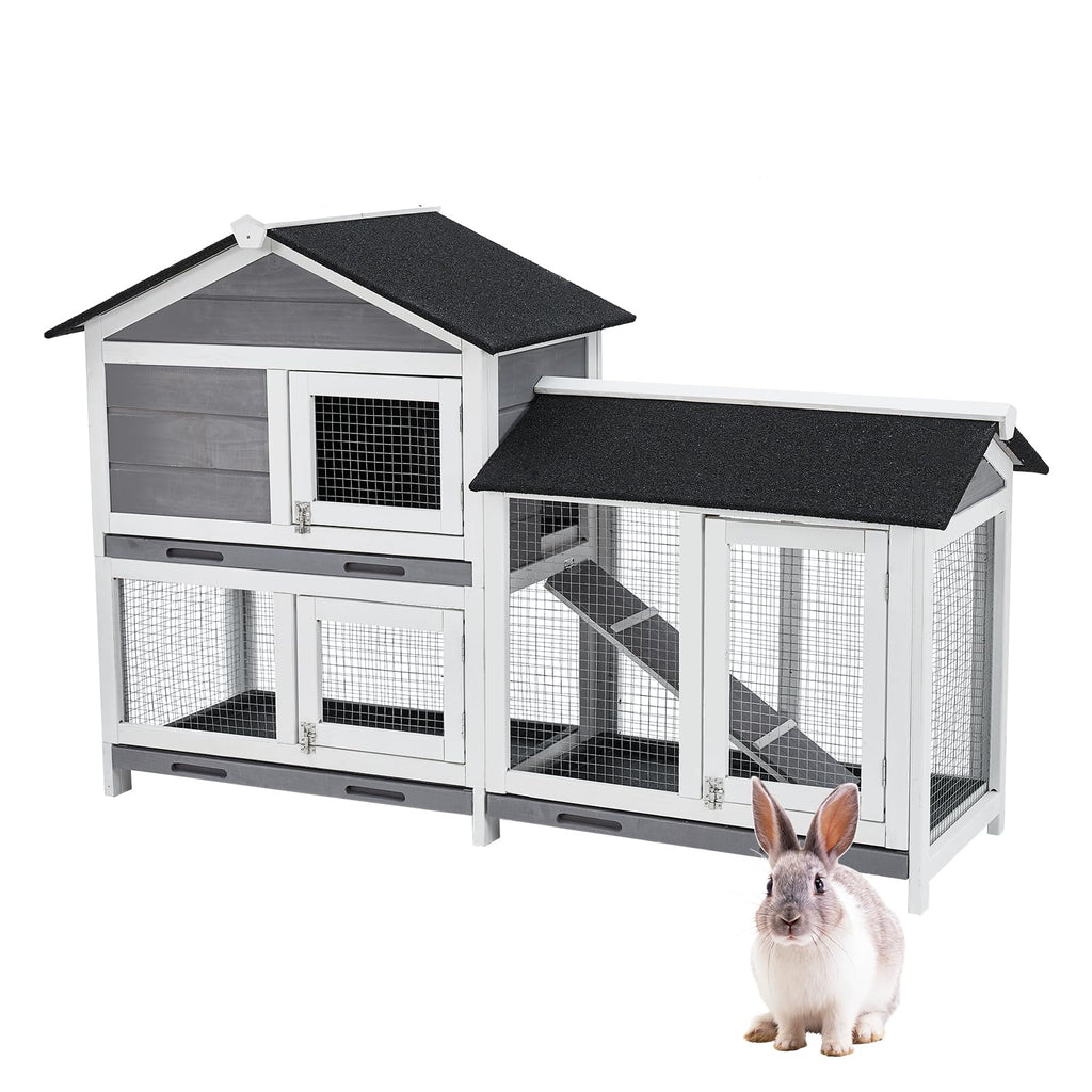 Garvee  Two Floors 63" Wooden Outdoor Indoor Roof Waterproof Bunny Hutch Rabbit Cage Guinea Pig Coop PET House for Small to Medium Animals with Stairs and Cleaning Tray