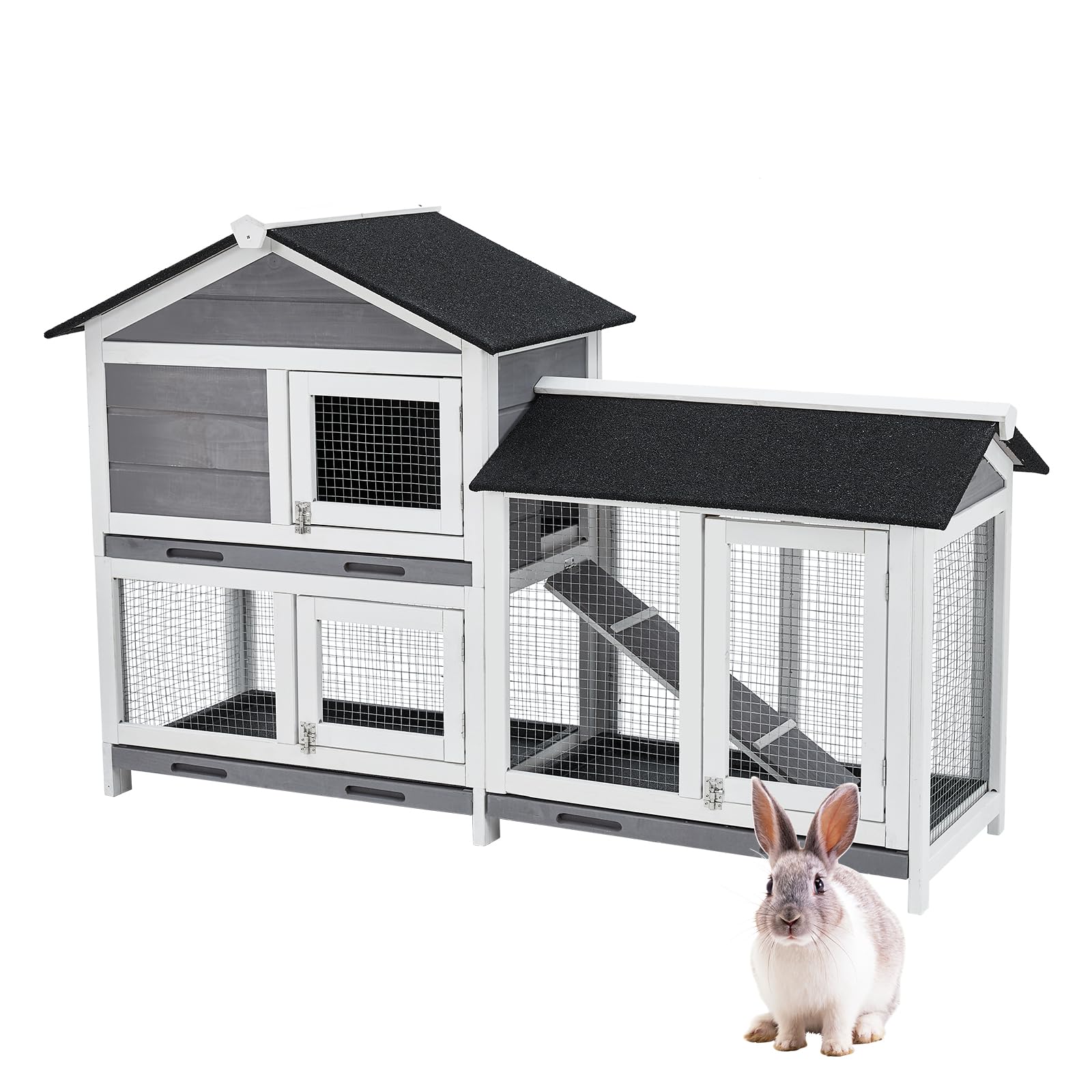 Garvee  Two Floors 63" Wooden Outdoor Indoor Roof Waterproof Bunny Hutch Rabbit Cage Guinea Pig Coop PET House for Small to Medium Animals with Stairs and Cleaning Tray