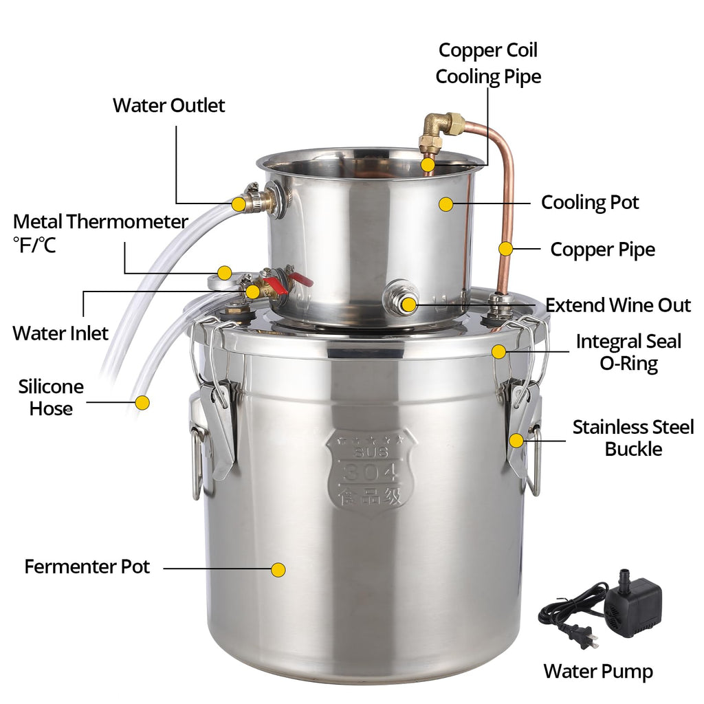 Garvee 5Gal Alcohol Distiller Spirits Kit with Circulating Pump, Copper Tube & Dual Display Thermometer for Home Brew Wine Making, Stainless Steel