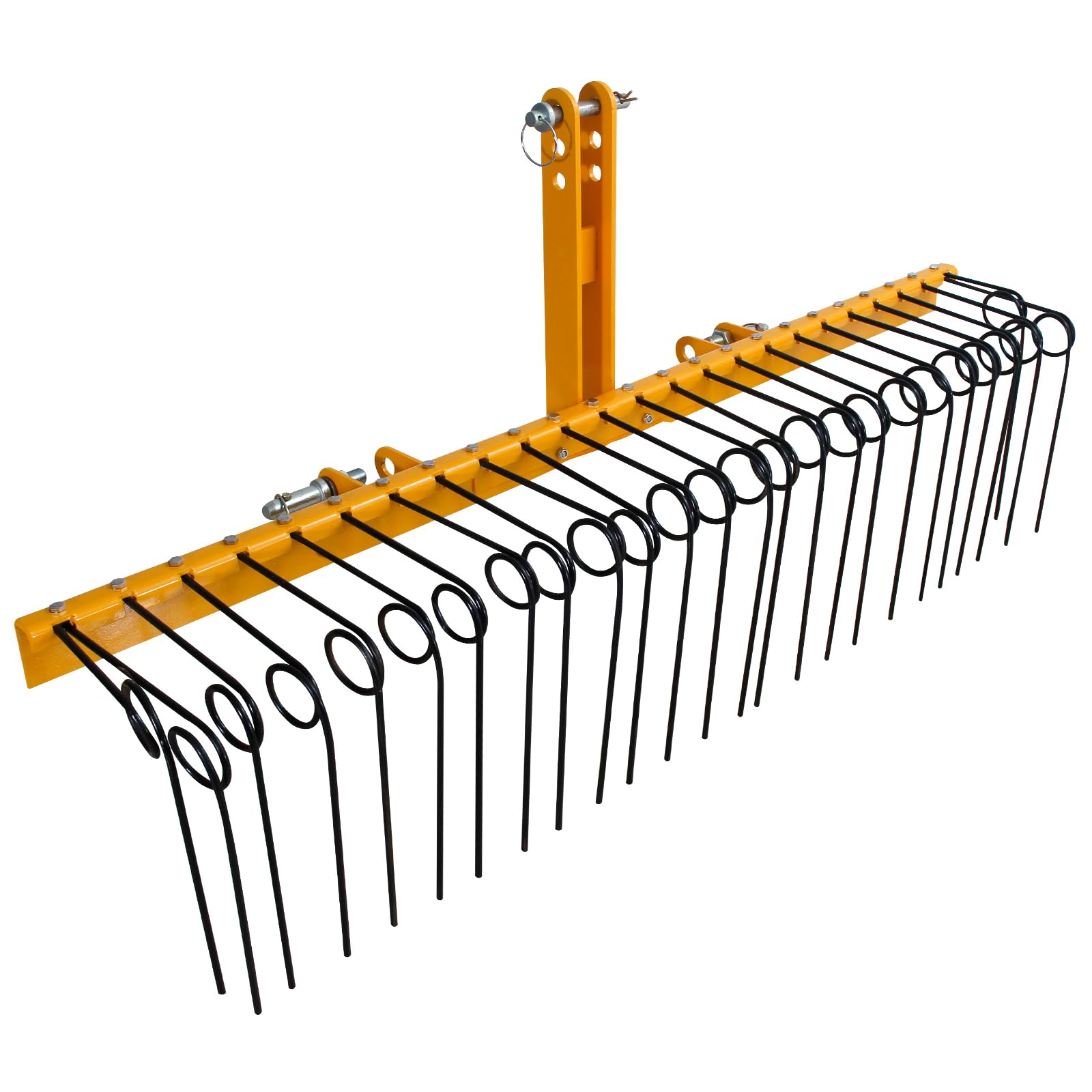 Garvee 60 Inch Pine Straw Rake - 26pcs 8mm Coil Spring Tines Durable Powder Coated Steel Tow Behind Landscape Rake with 3 Point Hitch Receiver Attachment Fit to Cat0 Cat 1 Tractors for Leaves Grass, Yellow