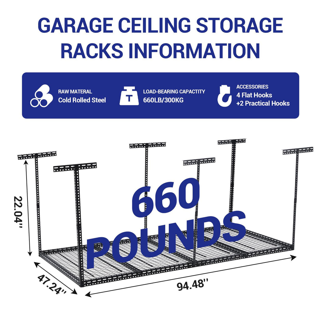 Garvee 4x8 FT Overhead Garage Storage Rack, 22"-40" Height Adjustable Ceiling Storage Rack 660lbs Weight Capacity, Heavy Duty Metal Hanging Storage Shelves for Garage (Black, Vertical Post x 6)