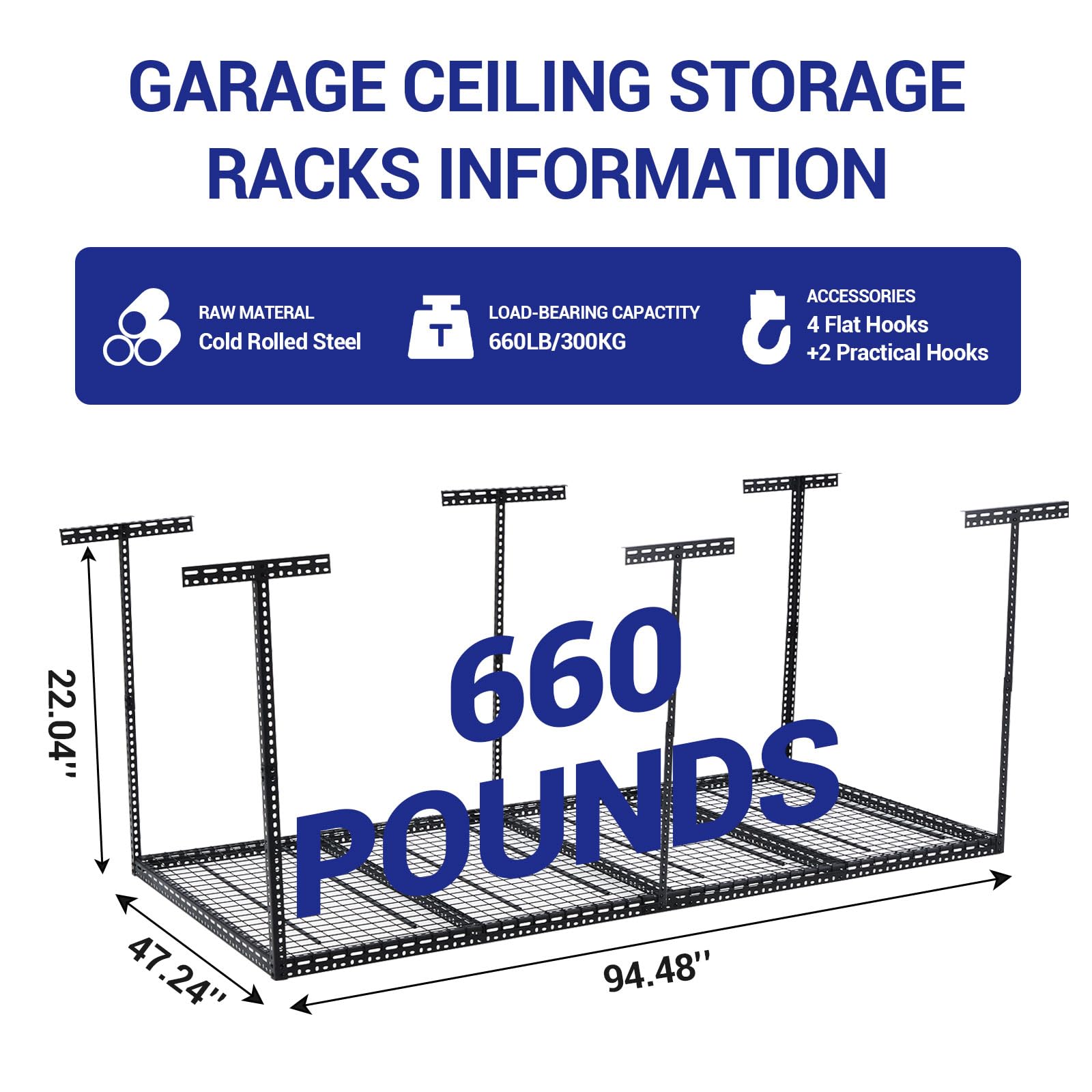 Garvee 4x8 FT Overhead Garage Storage Rack, 22"-40" Height Adjustable Ceiling Storage Rack 660lbs Weight Capacity, Heavy Duty Metal Hanging Storage Shelves for Garage (Black, Vertical Post x 6)