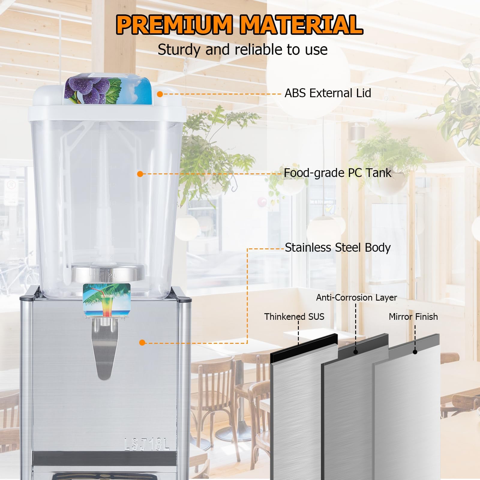 GARVEE 18L (4.8 Gallon) Commercial Juice Dispenser, 1 Tank 180W, Stainless Steel Beverage Dispenser for Lemonade, Party, Restaurant