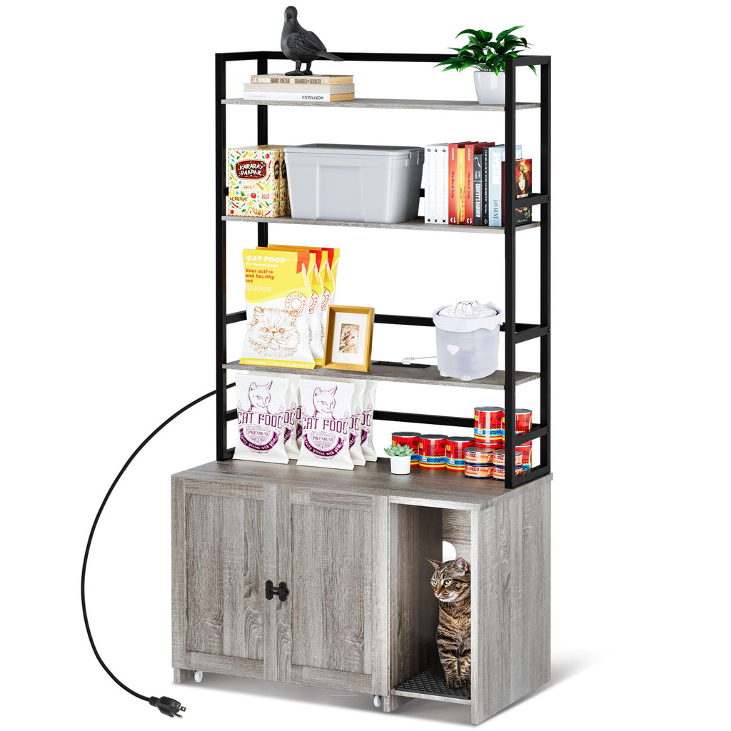 Garvee Cat Litter Box Enclosure, Hidden Cat Litter Box Furniture, Large Double Door Cat House with 3 Shelves and Charging Station, Push-Pull Mobile Chassis - Grey