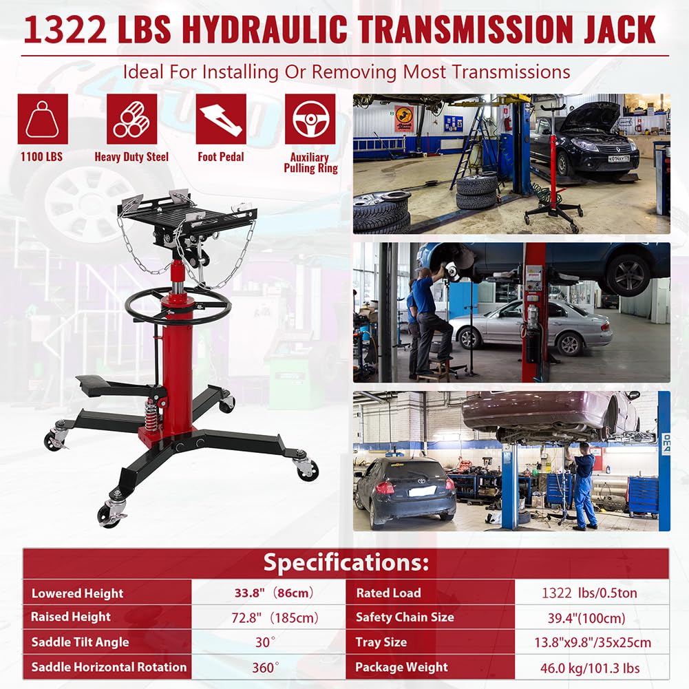 GARVEE 1322 lbs Hydraulic Transmission Jack Lift - Adjustable Telescoping Jack with Anti-Slip Rubber Pad, Pedal Control, and 33.8" to 72.8" Lifting Range
