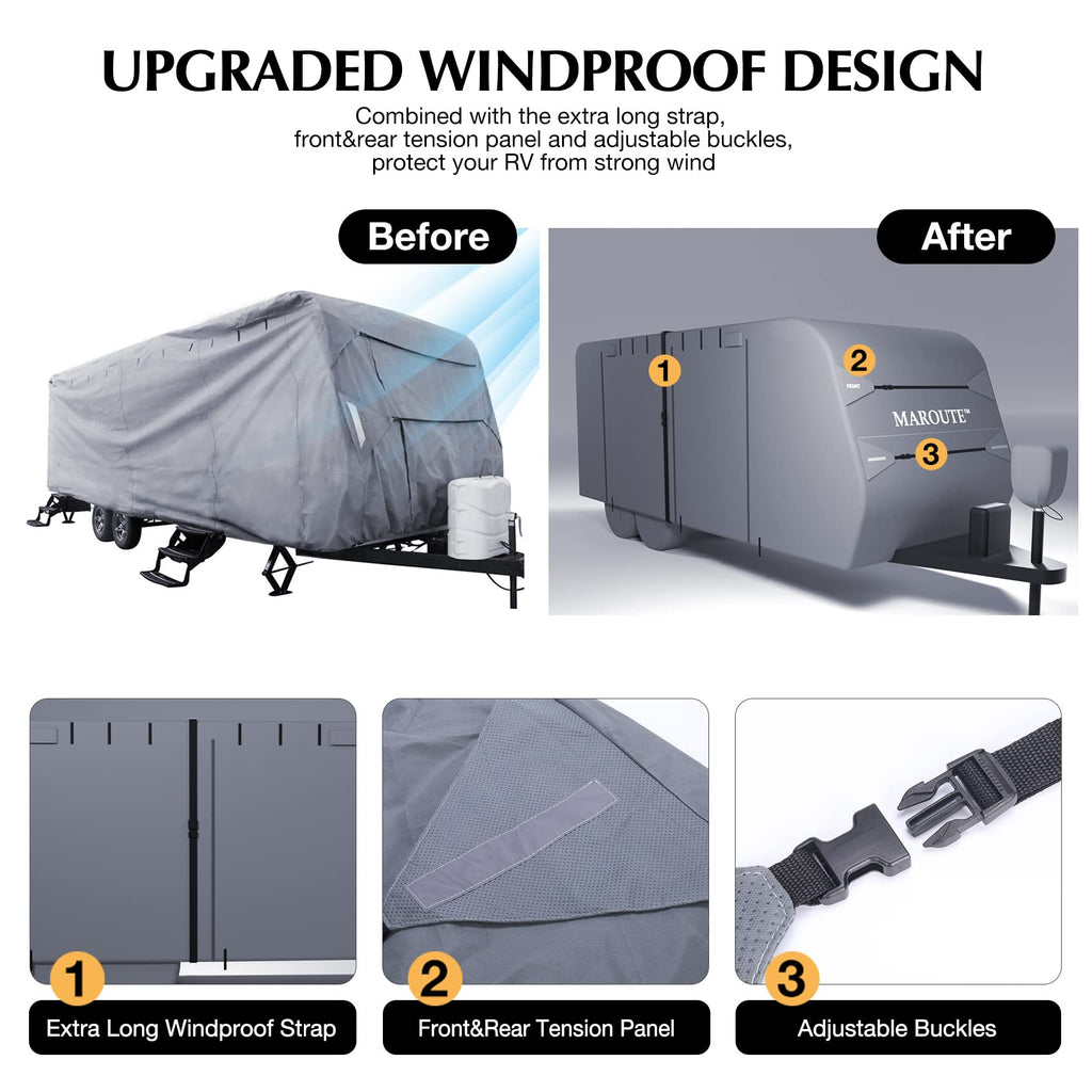 Garvee Travel Trailer Cover 24-27FT, 7-Layer Waterproof, Breathable, Windproof, Tear-Resistant, UV Protection, with Gutter, Tire & Jack Covers, Gray