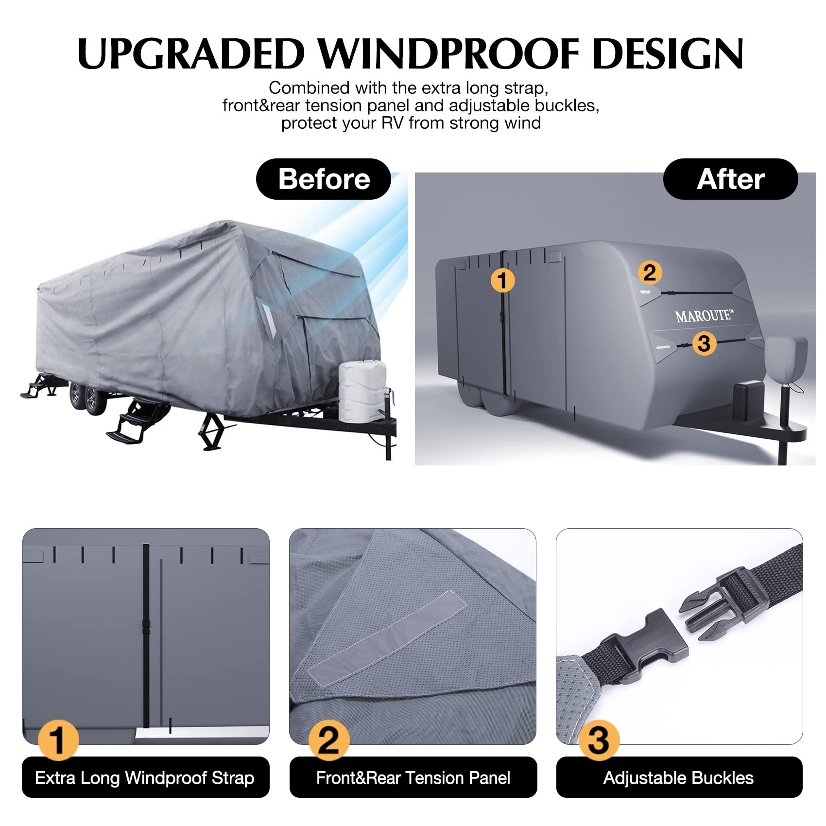 Garvee Travel Trailer Cover 24-27FT, 7-Layer Waterproof, Breathable, Windproof, Tear-Resistant, UV Protection, with Gutter, Tire & Jack Covers, Gray