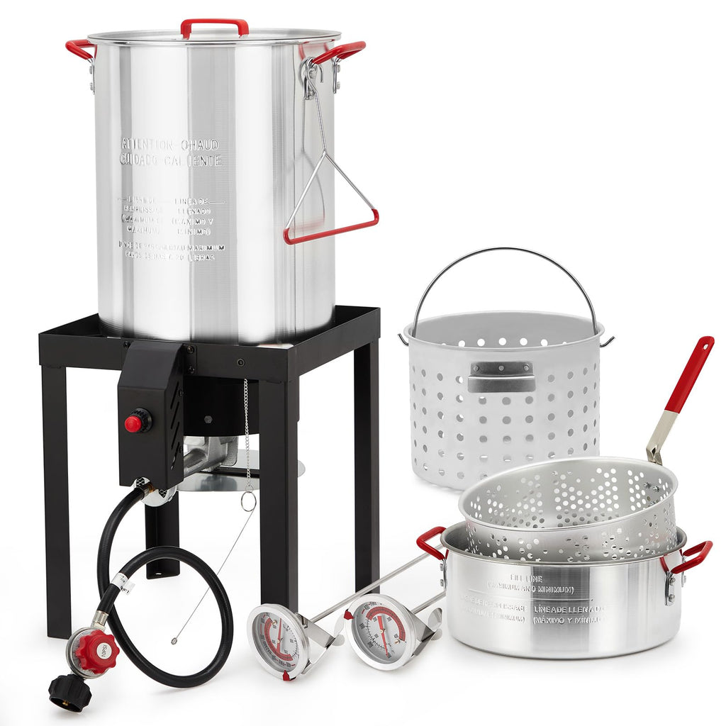 Garvee 30 Qt Turkey Deep Fryer & 10 Qt Fish Fryer Kit - Aluminum Crawfish Boiler Pot with 38,000 BTU Outdoor Propane Burner, Thermometer & Turkey Rack