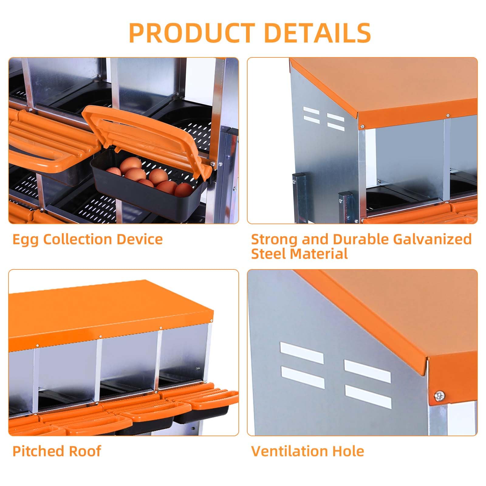 Garvee Chicken Nesting Box 6-Hole Roll Away Egg Laying Box with Lid, Heavy-Duty Galvanized Steel, Orange, Easy Egg Collection & Cleaning