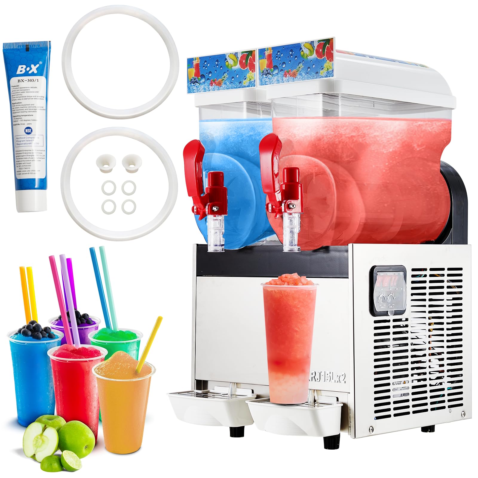 Garvee 15Lx2/7.92 Gals Commercial Slushy Machine Margarita Machine 500W Frozen Drink Machine Food-Grade PC Tanks for Restaurants Bars Pool Parties