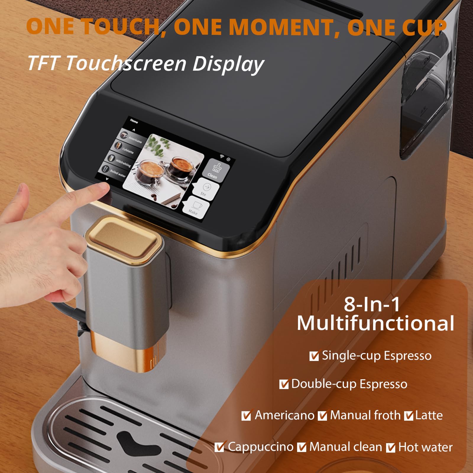 Garvee Automatic Espresso Machine, Coffee Machine with Grinder, Espresso Maker with Automatic Milk Frother, 20 Bar Latte Machine, TFT Touch Screen for Cappuccino, Americano(Silver+Gold)