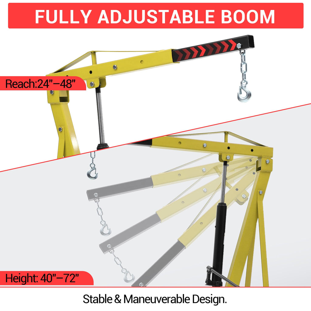 Garvee 2-Ton Folding Hydraulic Engine Hoist with 6 Casters and Telescopic Boom, Shop Crane, Engine Lift, Cherry Picker, Yellow
