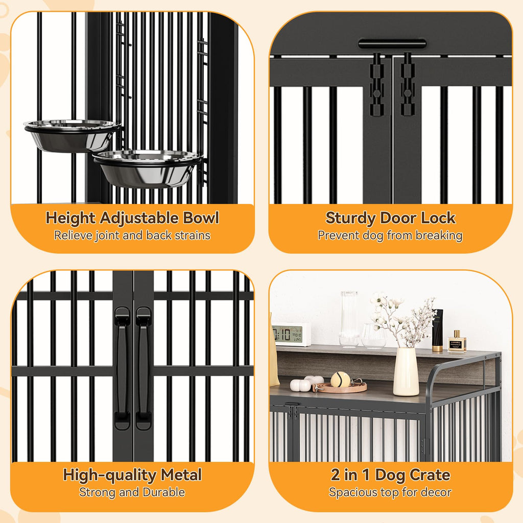 Garvee Dog Crate Furniture, Dog Crate Indoor with Adjustable Height Bowls, Wooden Heavy Duty, 39.8 Inch Dog Kennel Furniture for Medium Dogs, 39.8" L X 22.5" W X 38.6" H,Grey