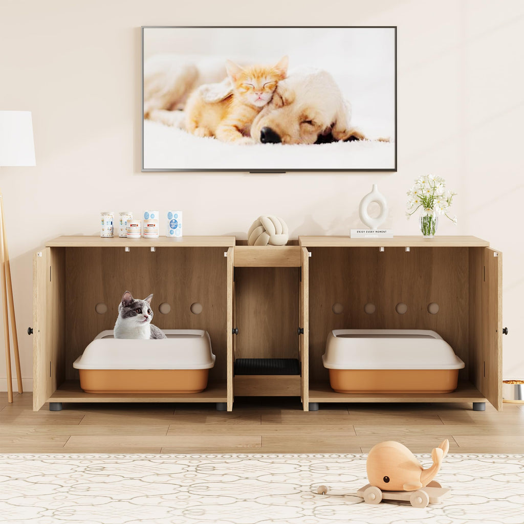 Garvee Cat Litter Box Enclosure 55.1" Double Litter Box Furniture Large Cat Box Enclosure Kitty Litter Box for 2 Cats Hidden Cat Litter Cabinet Double Cage with Cat Litter pad Rattan Door