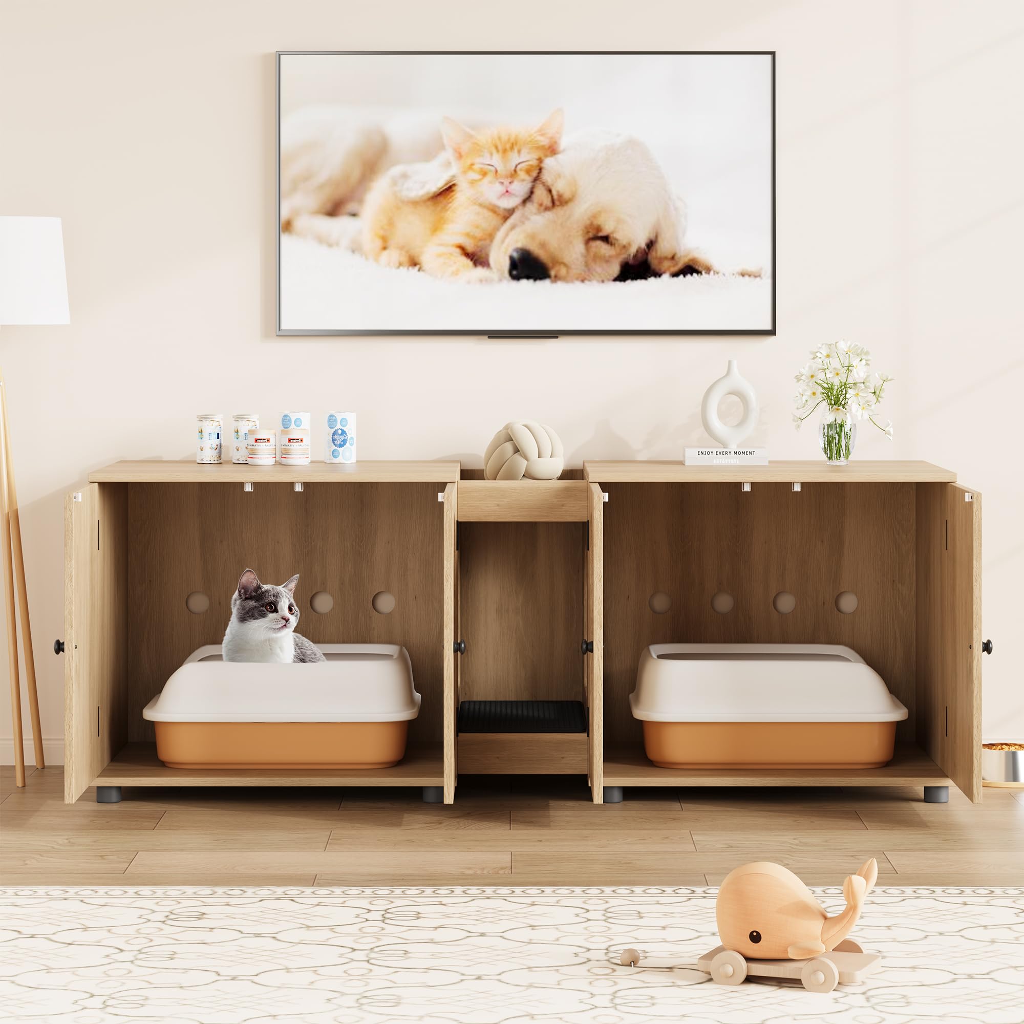 Garvee Cat Litter Box Enclosure 55.1" Double Litter Box Furniture Large Cat Box Enclosure Kitty Litter Box for 2 Cats Hidden Cat Litter Cabinet Double Cage with Cat Litter pad Rattan Door