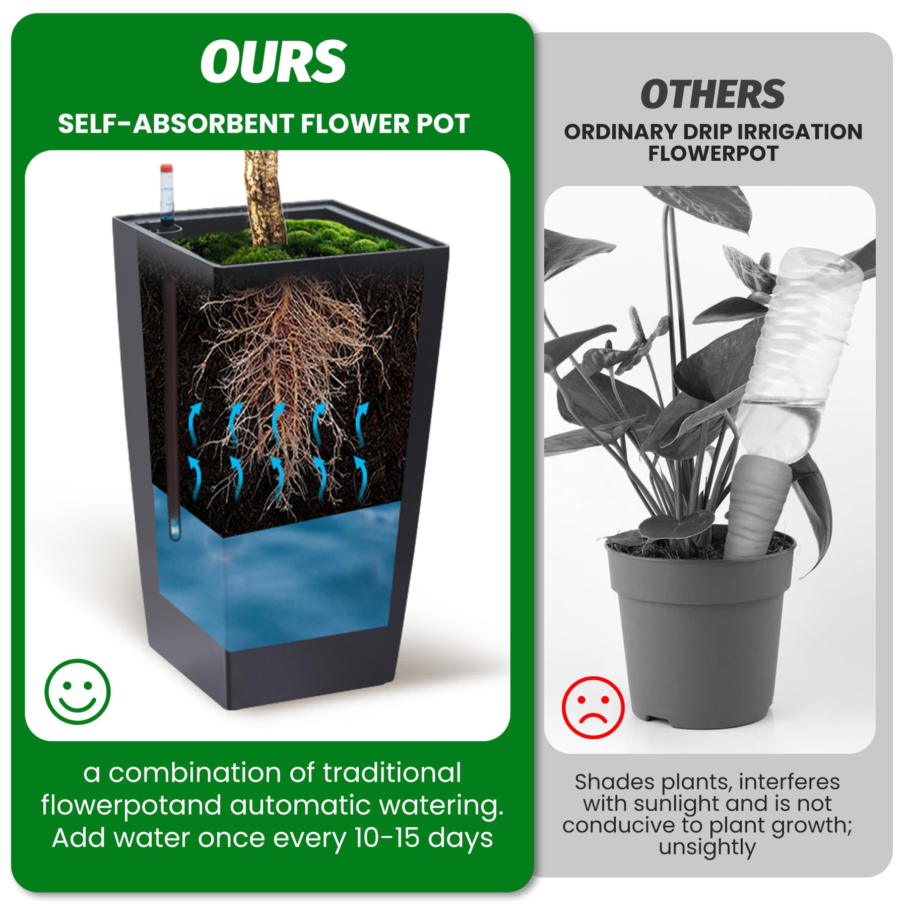 Garvee 16 Inch Tall Rectangular Planters Set of 2 Large Modern Plant Pots with Drainage Holes＆Water Level Monitor＆Wheels Outdoor and Indoor for Patio, Porch, Living Room, or Home Office, Black