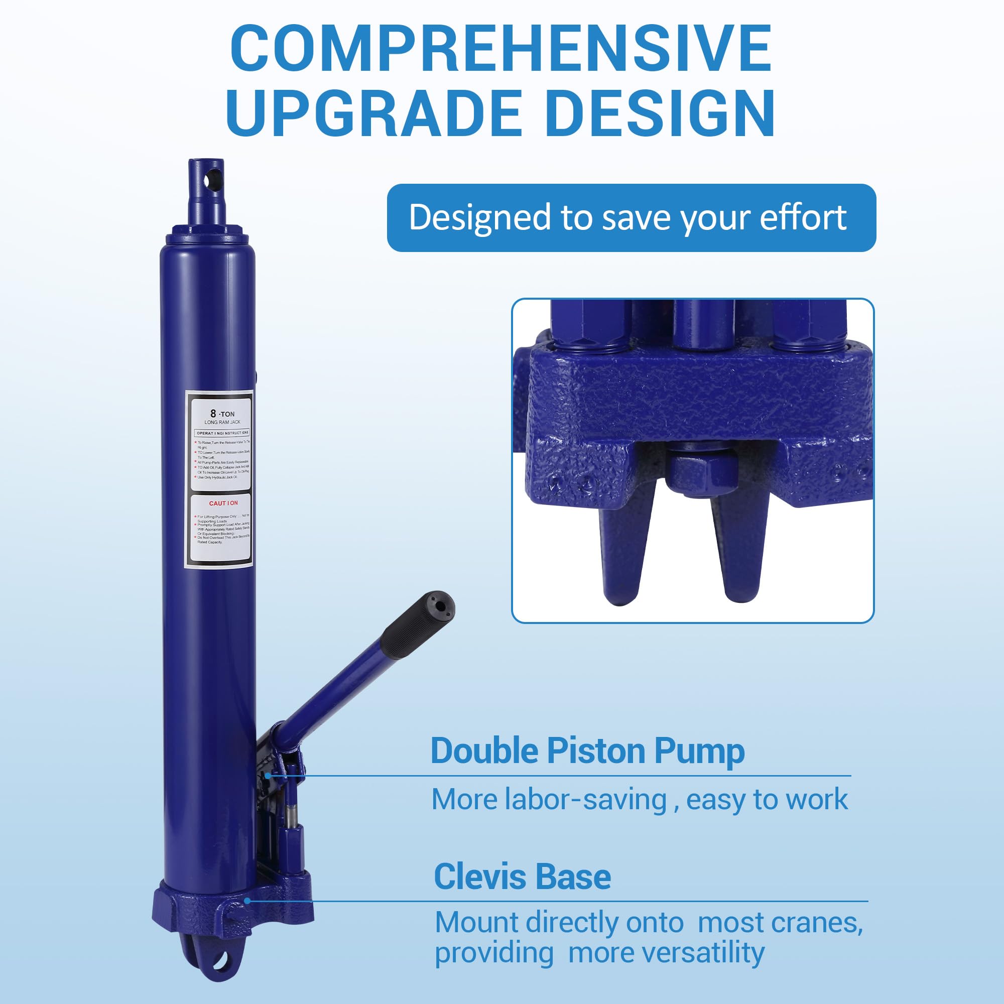 Garvee 8 Ton Hydraulic Long Ram Jack - Manual Cherry Picker with Double Piston Pump, Clevis Base, and Handle for Garage Shop Cranes and Engine Hoists, Blue