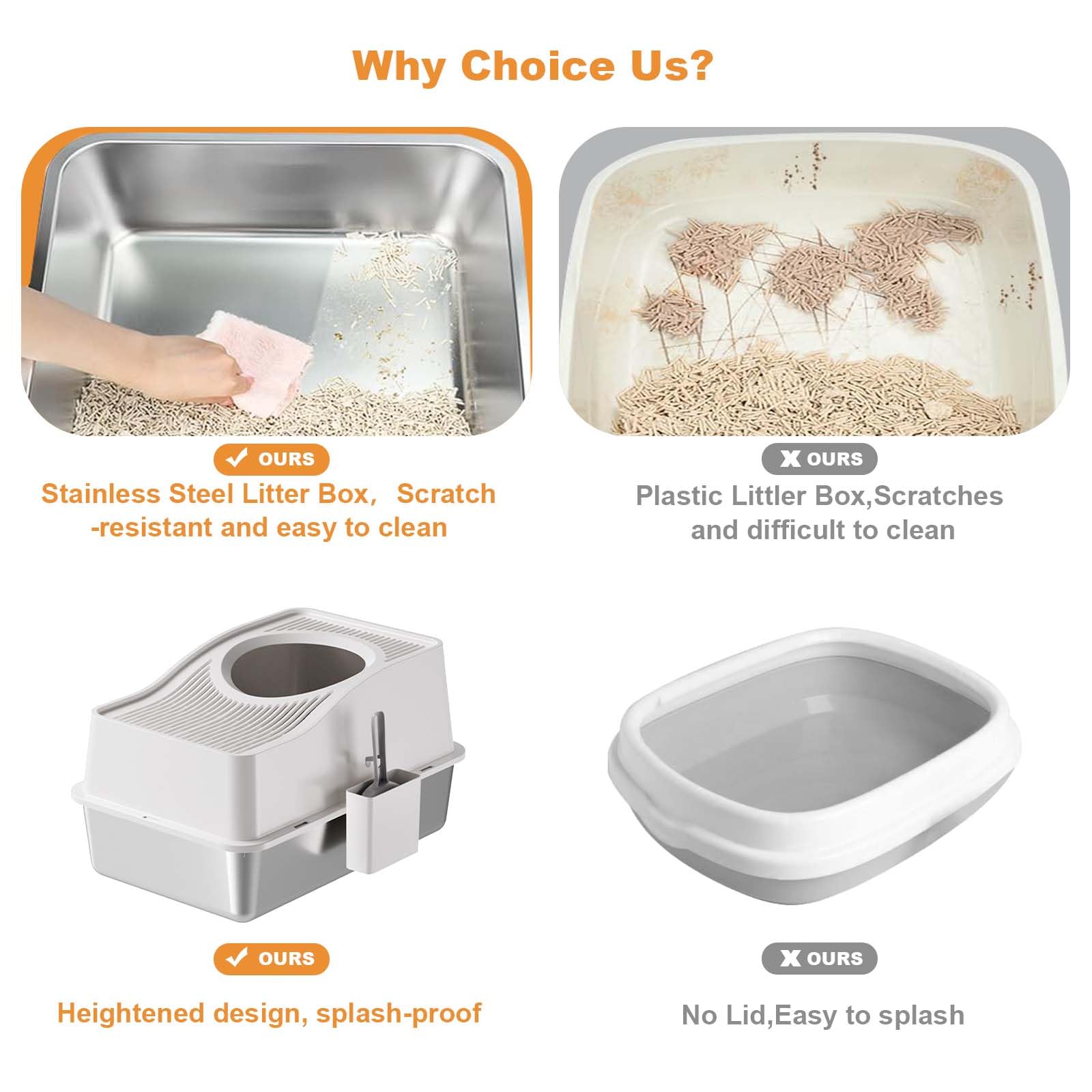 Garvee Stainless Steel Cat Litter Box Fully Enclosed Top-Entry Deodorizing Large Cat Toilet White 60x40x34.5cm Basin 20cm High