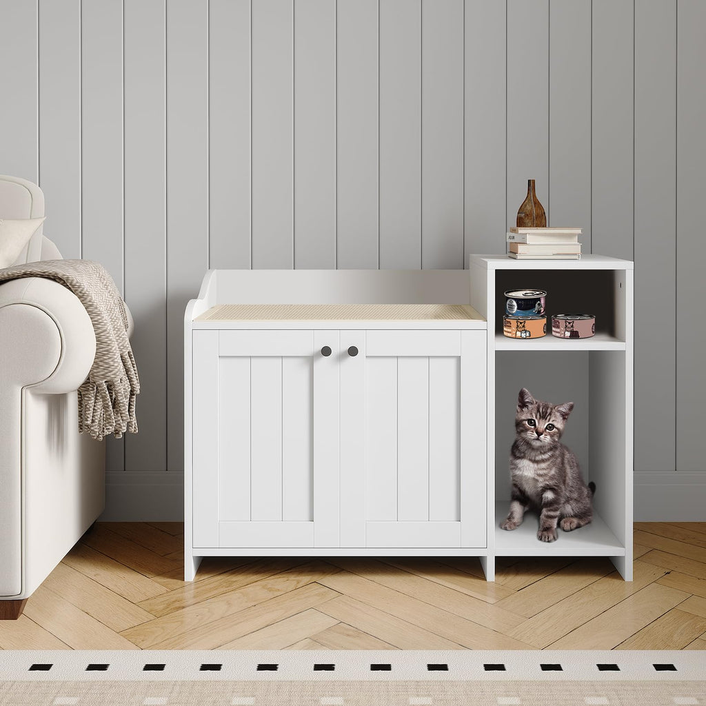 Garvee Cat Litter Box Enclosure Furniture Hidden Litter Box Cabinet Indoor Wooden Cat Washroom Pet House Dog Proof Hideaway Side End Table with Storage White 33.9in L x 19.7in W x 24.2in H