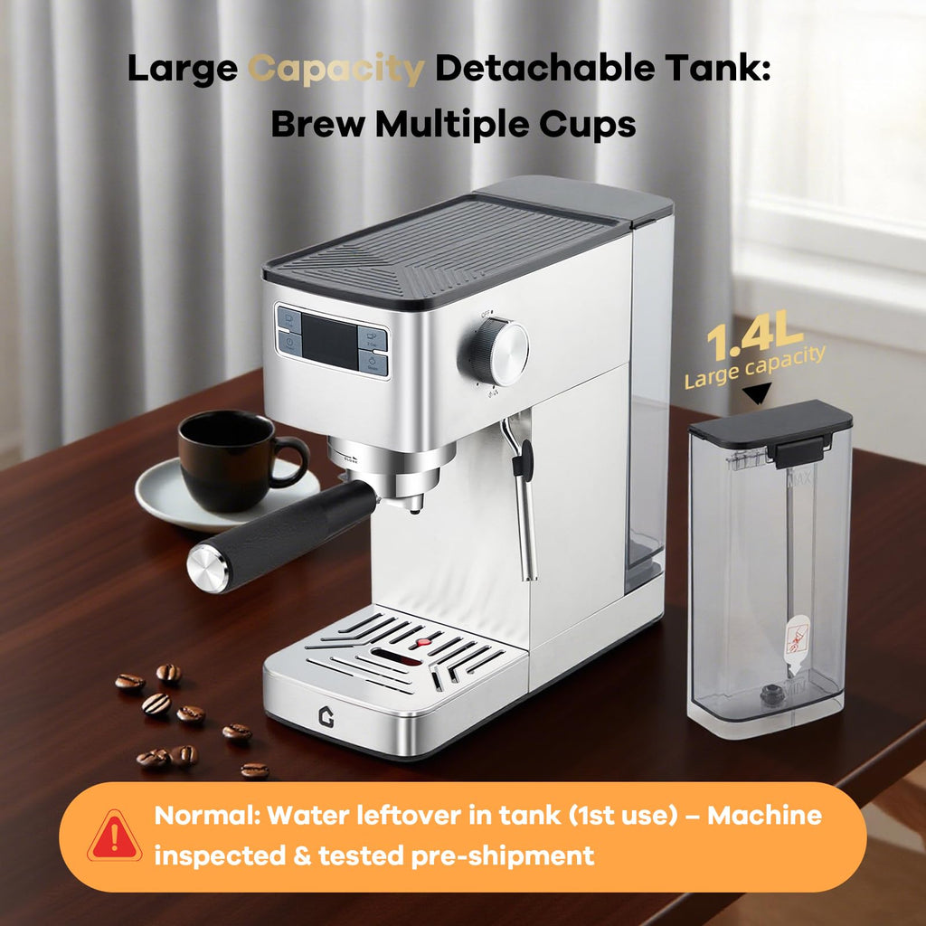 Garvee Compact 20 Bar Espresso Machine Stainless Steel, Steam Milk Frother, Removable Tank for Cappuccino/Latte,(Silver)