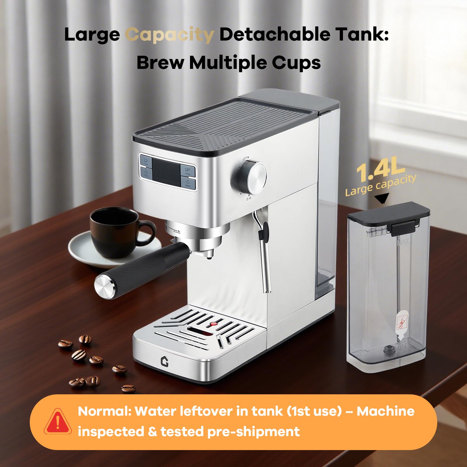 Garvee Compact 20 Bar Espresso Machine Stainless Steel, Steam Milk Frother, Removable Tank for Cappuccino/Latte,(Silver)