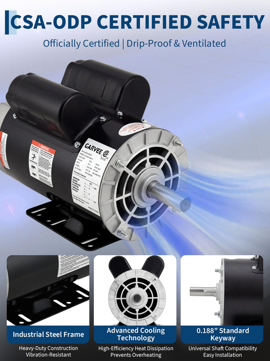 Garvee 5HP SPL Air Compressor Electric Motor - 230V, 56 Frame, 3450 RPM, 7/8" Keyed Shaft, 60 Hz, Ultra-Quiet, Dual CW/CCW Rotation