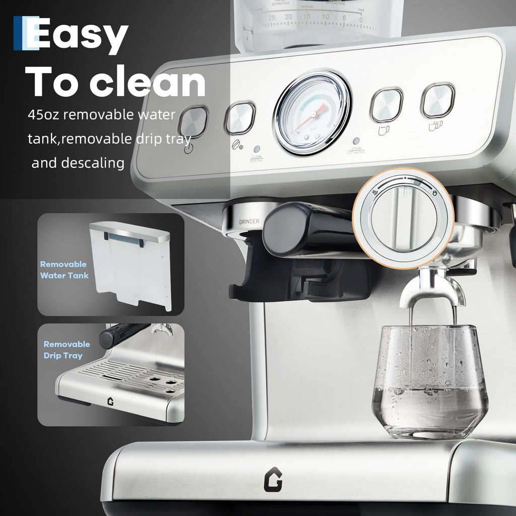 Garvee All-in-One Espresso 20-Bar Stainless Steel Espresso Machine with Grinder - Milk Frother, 2.8L Removable Water Tank, Perfect for Home and Office, Silver